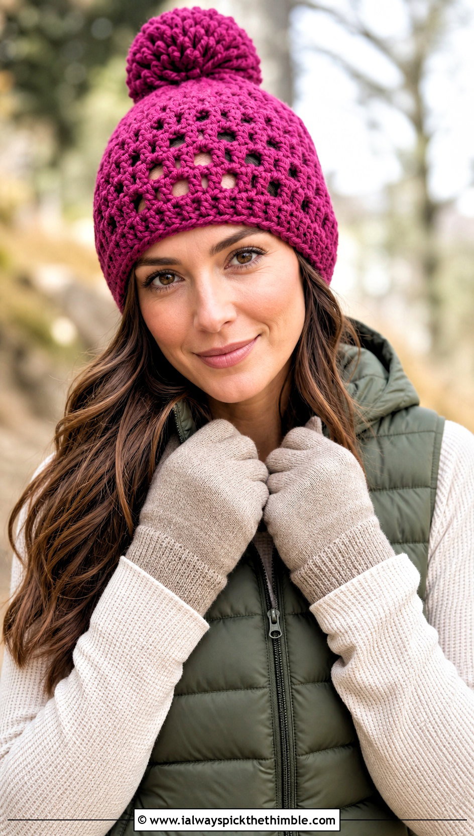 Pom Pom Granny Stitch Beanie With Puffer Vest - 20 granny stitch crochet hat outfit ideas