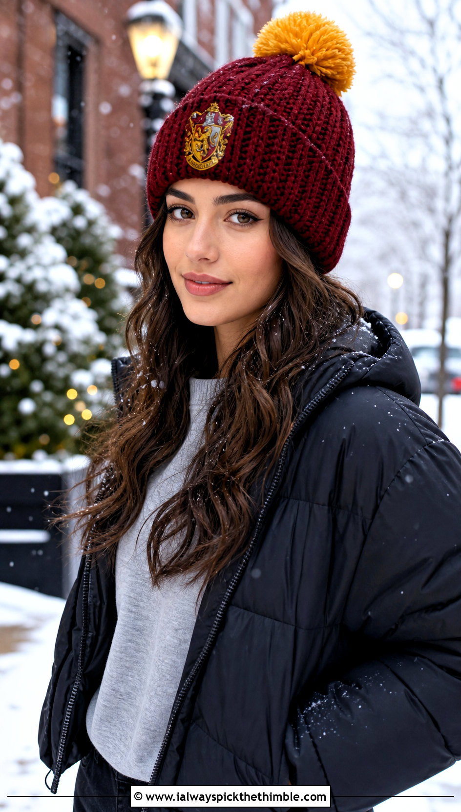 Pom Pom Gryffindor Crochet Beanie With Puffer Jacket - 15 gryffindor crochet hat outfit ideas