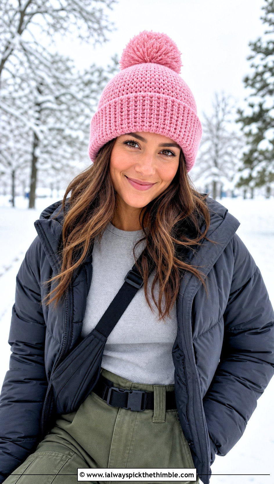 Pom Pom Half Double Crochet Beanie With Puffer Jacket And Cargo Pants - 20 Half Double Crochet Hat outfit ideas