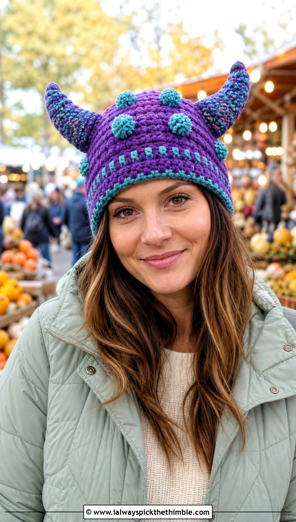 Pom Pom Horned Crochet Beanie With Quilted Jacket - 20 Crochet Horned Beanie outfit ideas