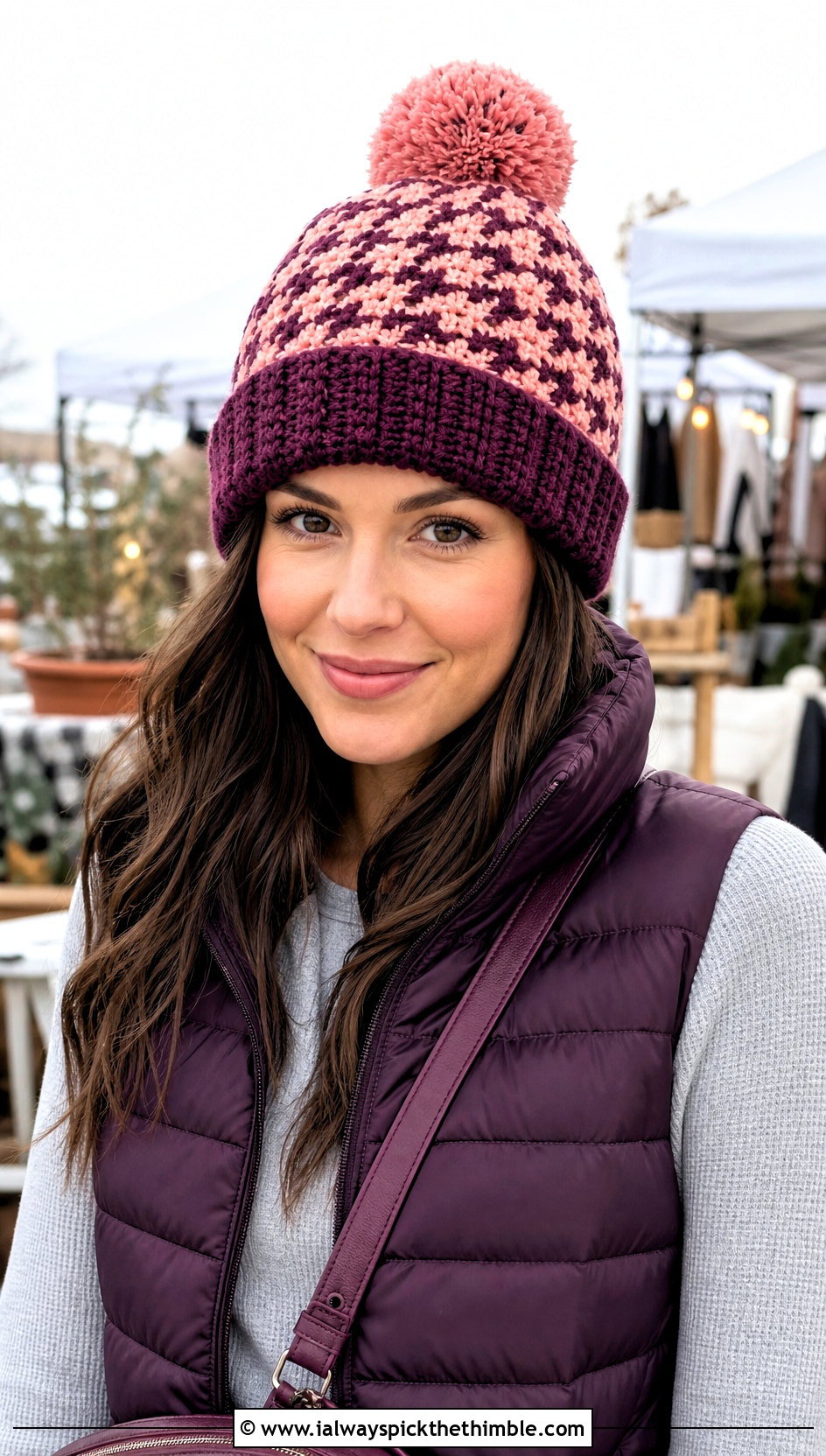 Pom Pom Houndstooth Crochet Beanie With Puffer Vest - 15 houndstooth crochet hat outfit ideas