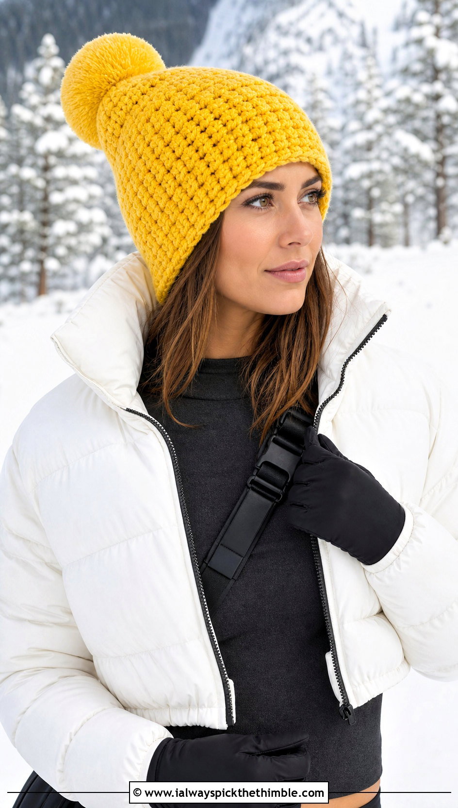 Pom Pom Long Crochet Hat With Puffer Jacket - 20 crochet long hat outfit ideas