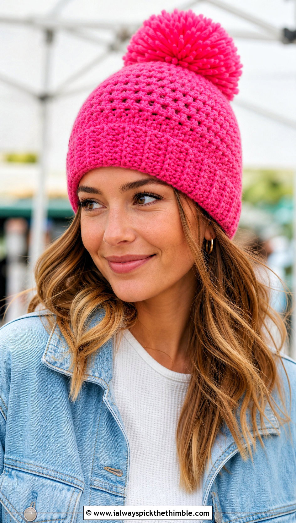 Pom Pom Magic Circle Crochet Beanie With Denim Outfit - 20 Crochet Beanie Magic Circle outfit ideas