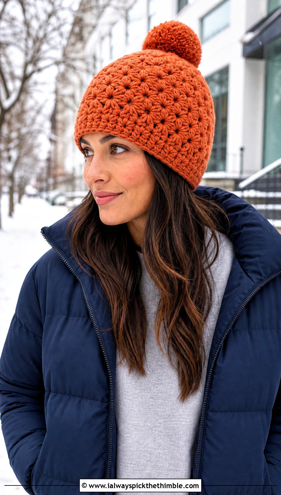 Pom Pom Magic Circle Crochet Beanie With Puffer Jacket - 20 Magic Circle Crochet Hat outfit ideas