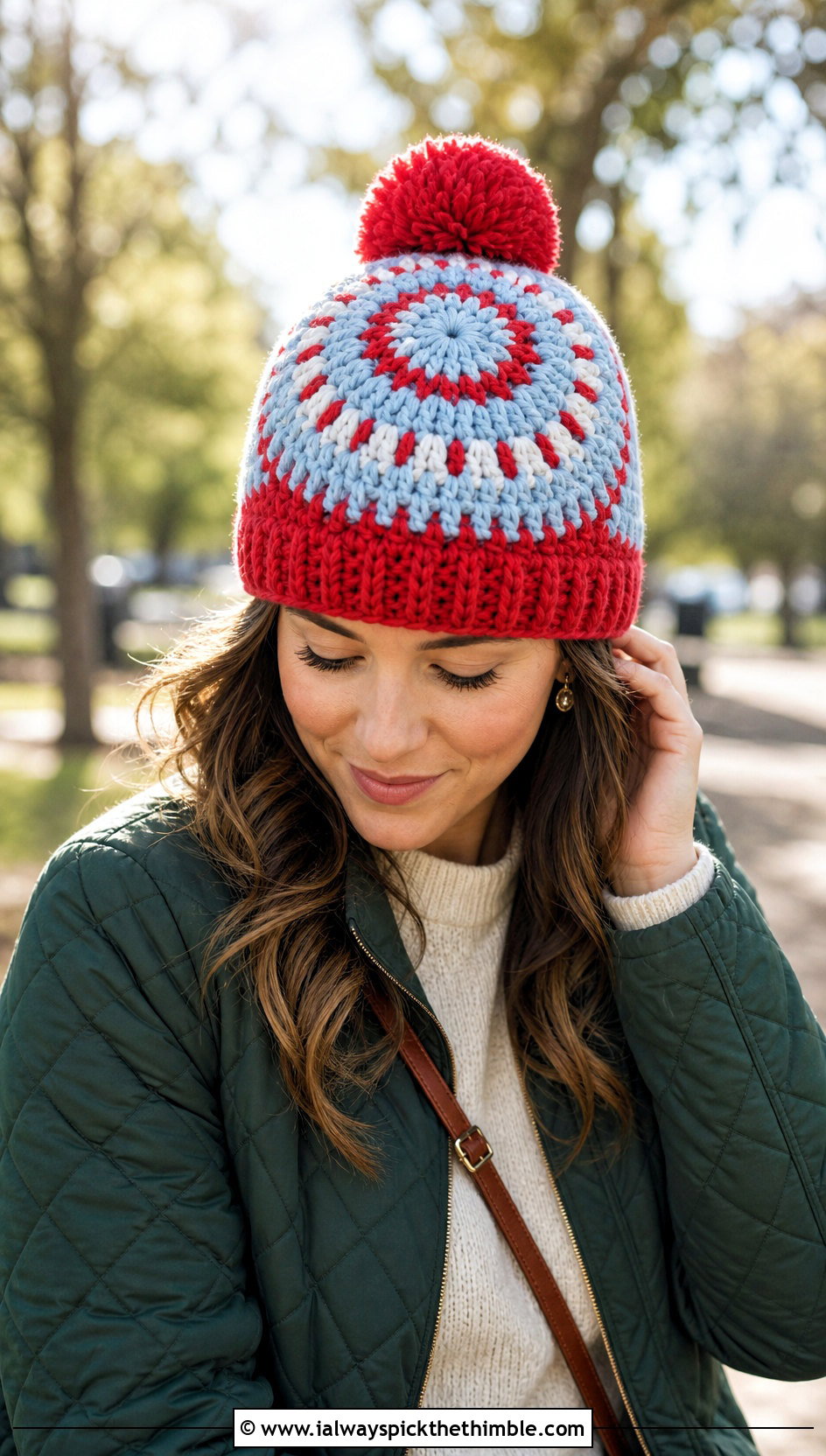 Pom Pom Mandala Crochet Beanie With Quilted Jacket - 20 Mandala Crochet Beanie outfit ideas