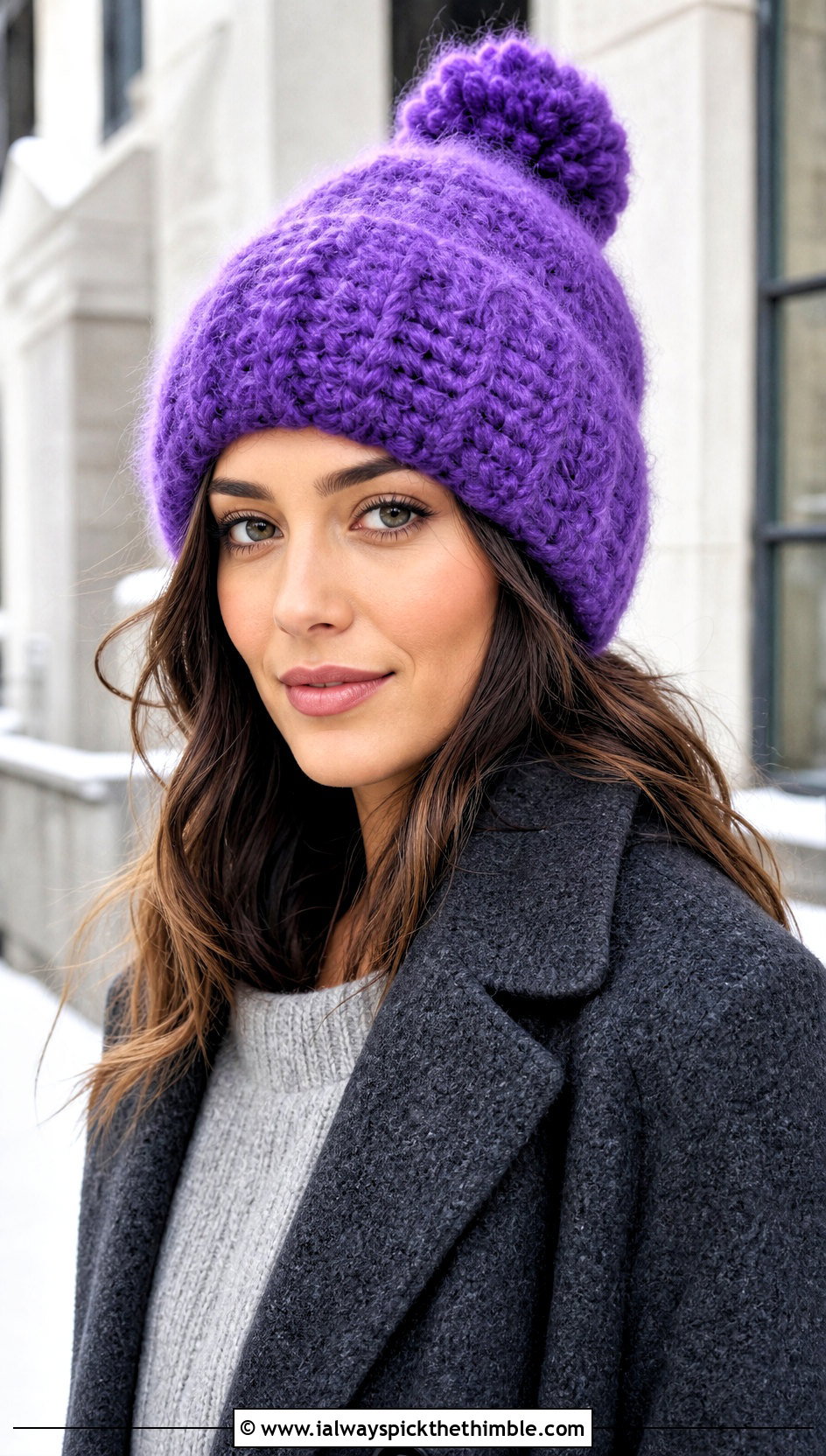 Pom Pom Mohair Crochet Beanie With Wool Coat And Knit Dress - 25 Mohair Crochet Hat outfit ideas