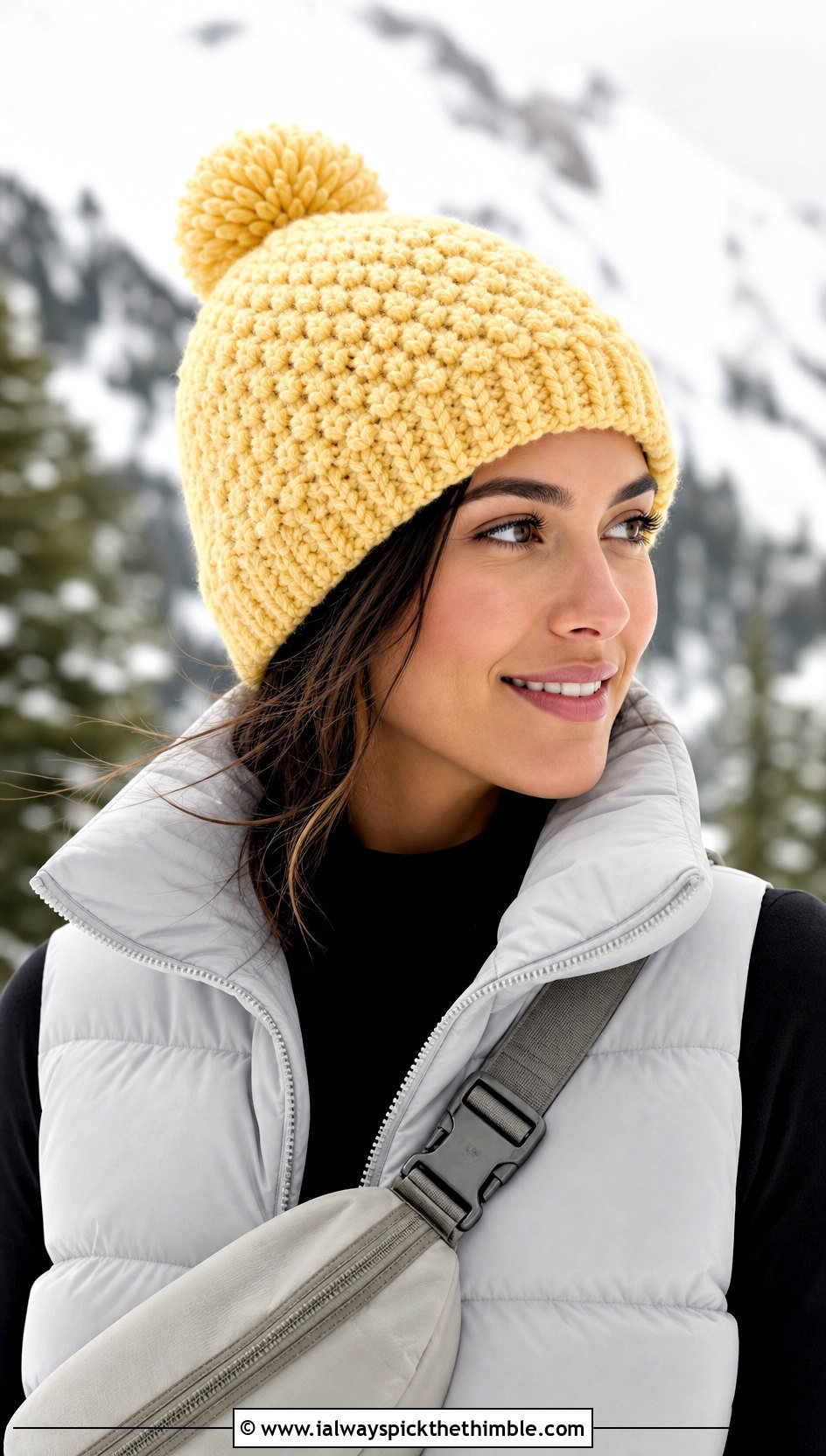 Pom Pom Moss Stitch Beanie With Puffer Vest - 20 Crochet Moss Stitch Hat outfit ideas