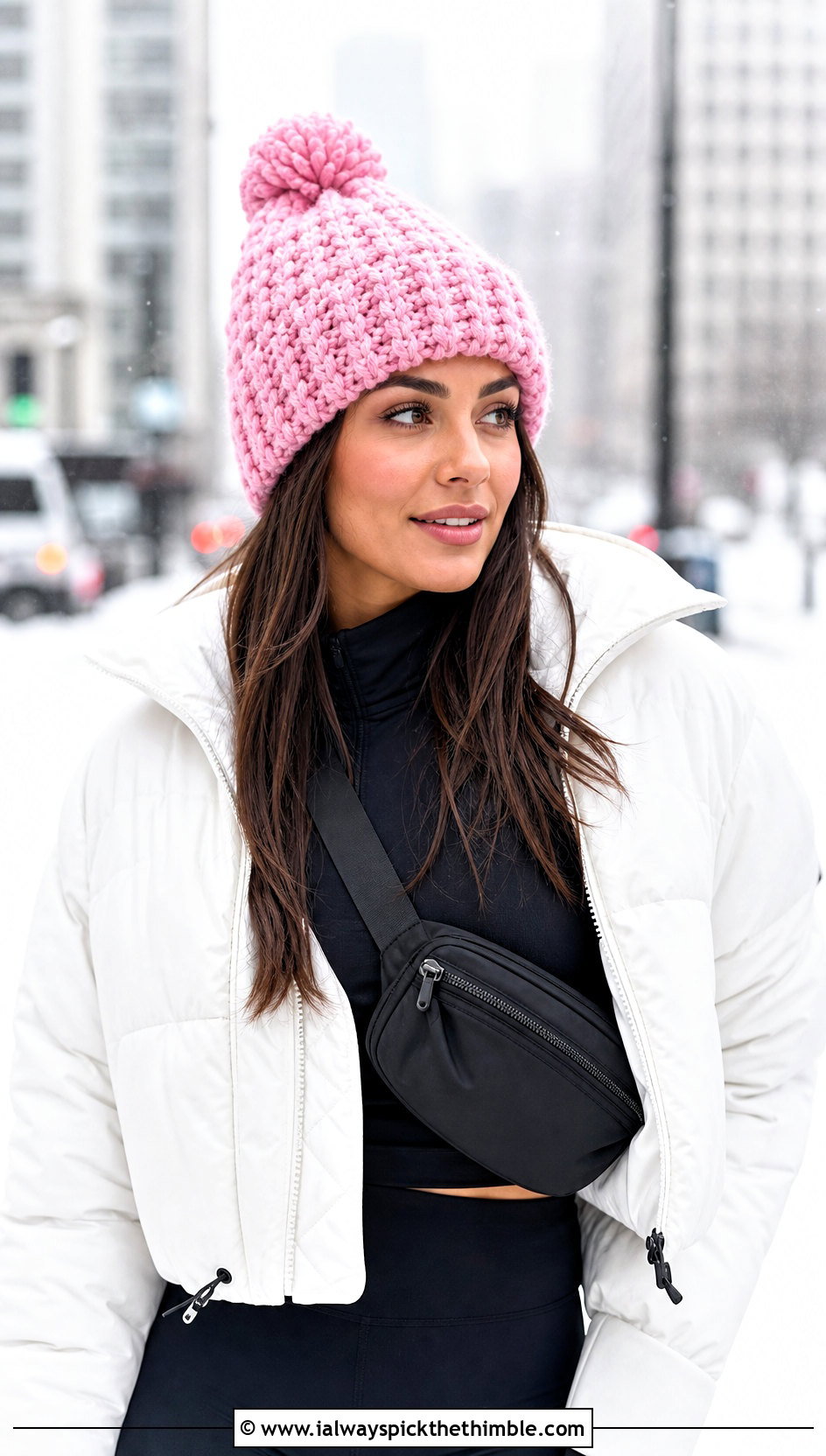Pom Pom One Skein Crochet Beanie With Puffer Jacket And Leggings - 20 one skein crochet hat outfit ideas