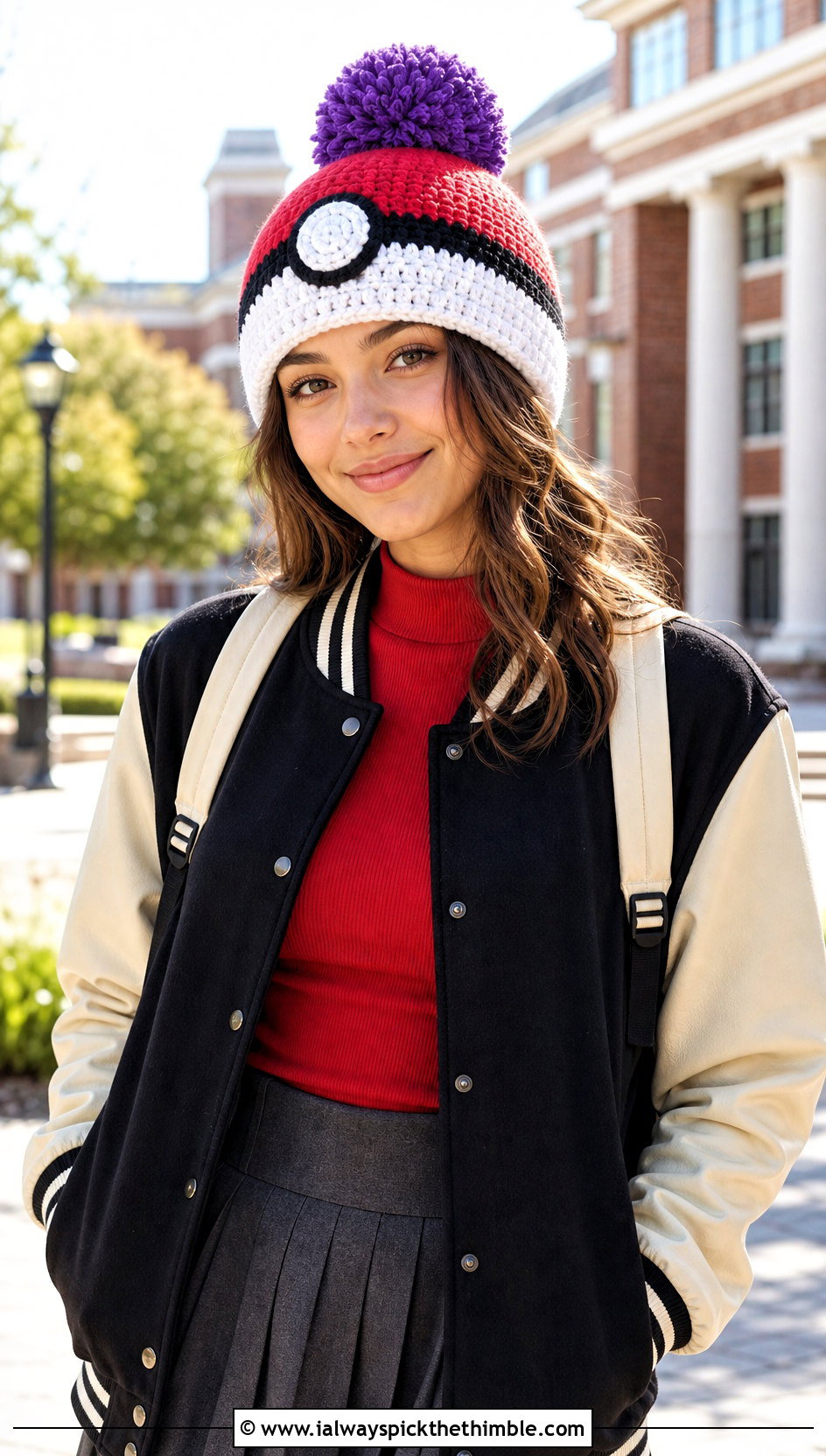 Pom Pom Pokeball Crochet Hat With Varsity Jacket - 20 Pokeball Crochet Hat outfit ideas