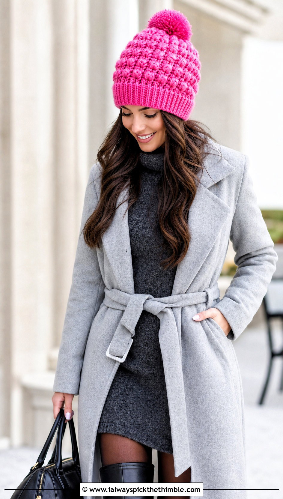 Pom Pom Puff Stitch Beanie With Sweater Dress - 20 crochet puff stitch beanie outfit ideas