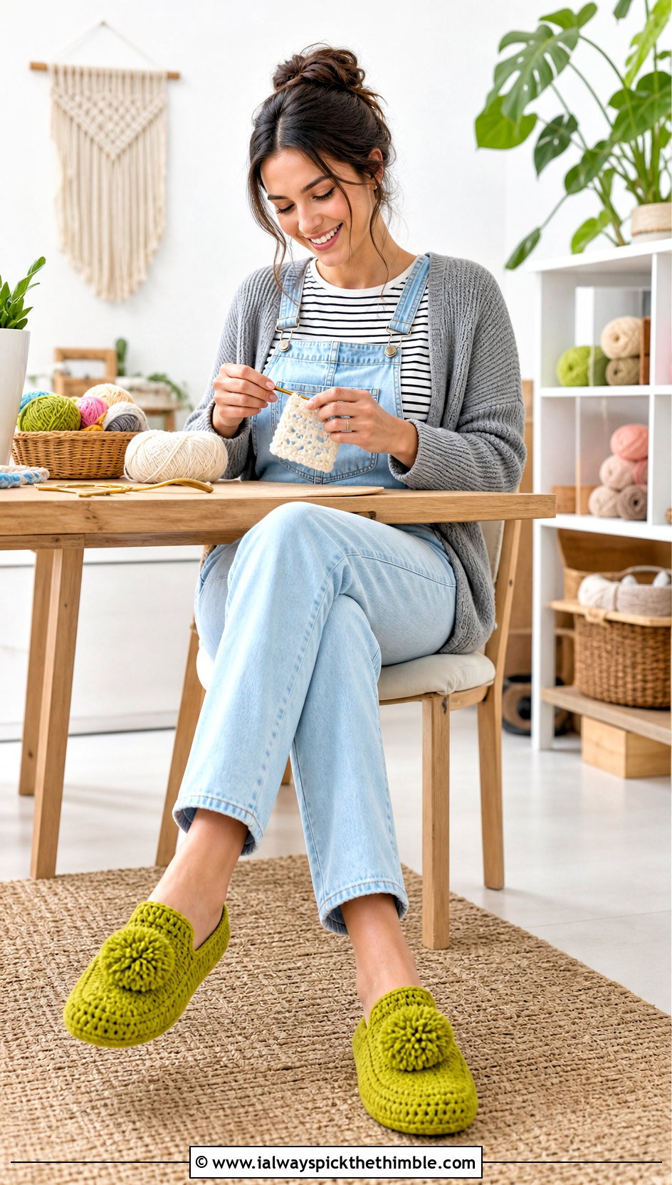 Pom Pom Rectangle Crochet Slippers With Overalls - 15 rectangle crochet slipper outfit ideas