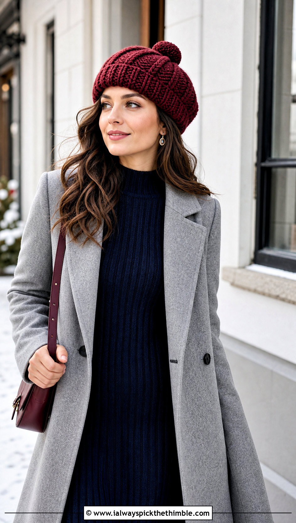 Pom Pom Red Crochet Beret With Sweater Dress - 15 red crochet beret outfit ideas