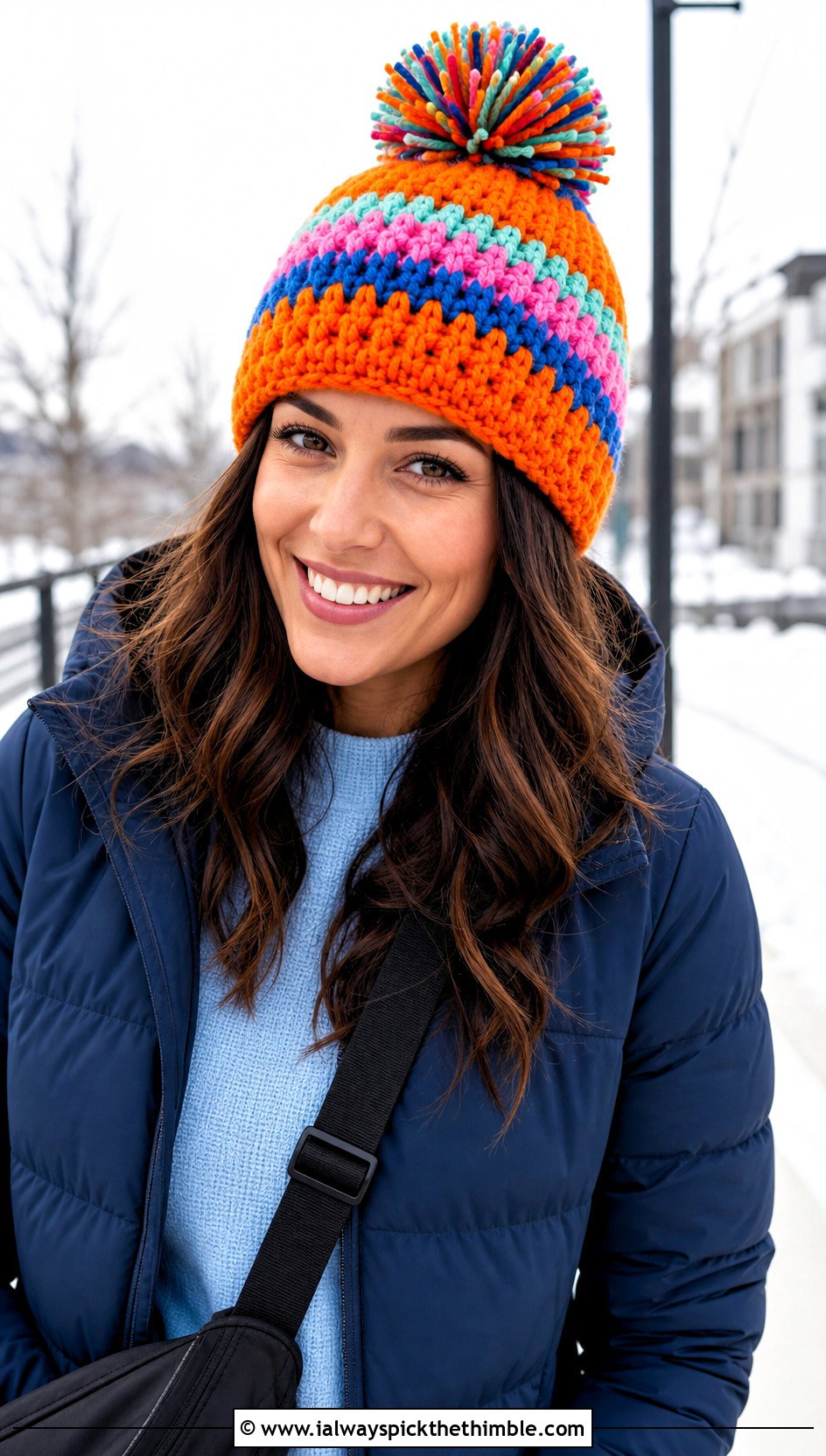 Pom Pom Scrap Crochet Beanie With Puffer Jacket And Joggers - 25 crochet scrap beanie outfit ideas