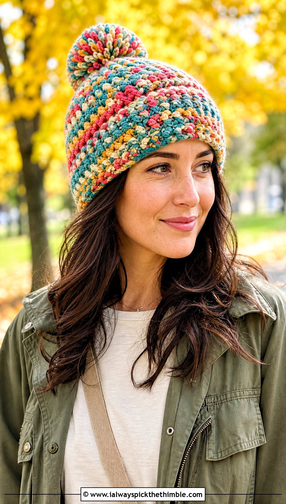 Pom Pom Scrap Yarn Crochet Beanie With Utility Jacket - 20 scrap yarn crochet beanie outfit ideas
