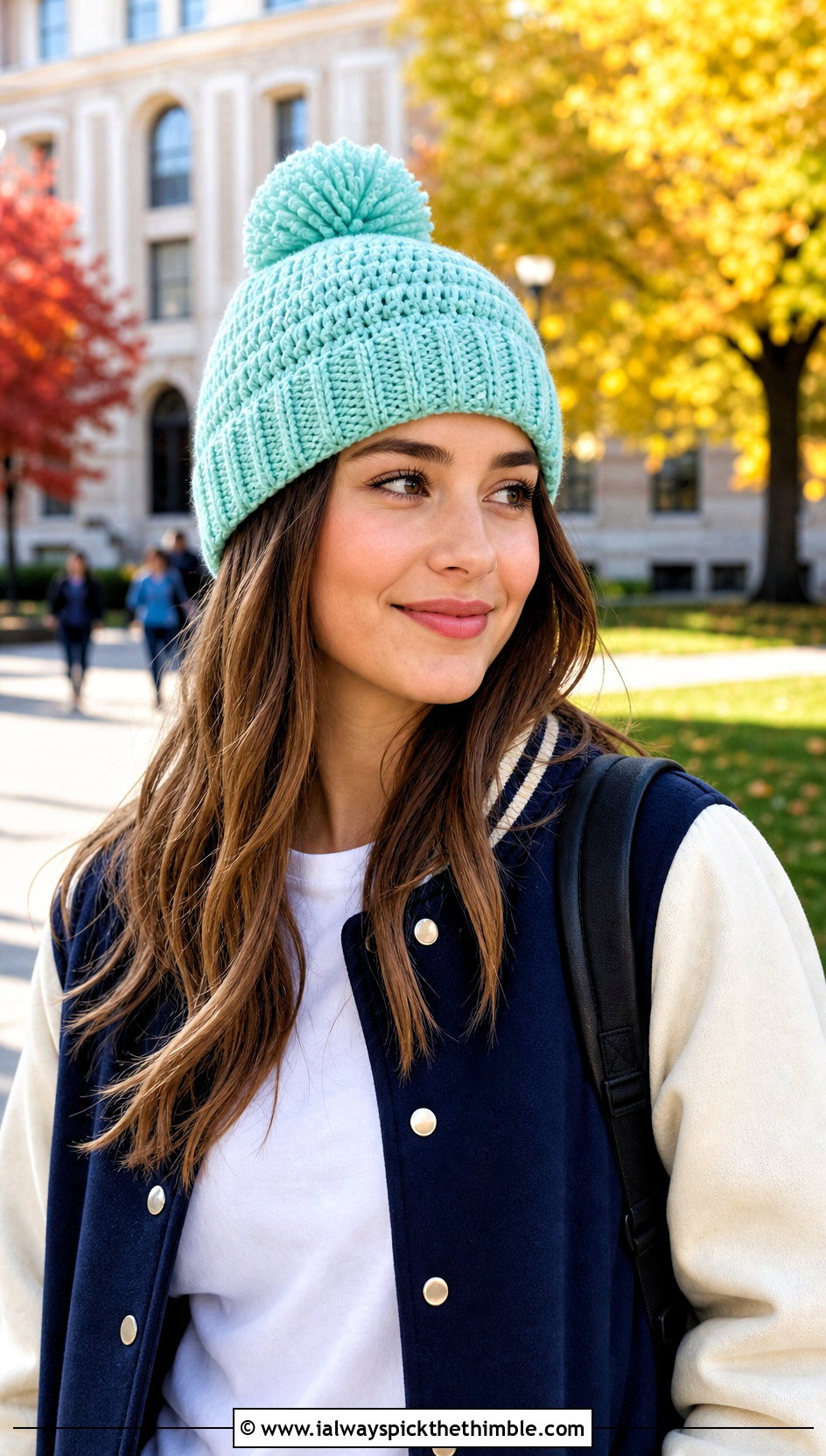 Pom Pom Short Row Beanie With Varsity Jacket - 20 Crochet Short Row Beanie outfit ideas