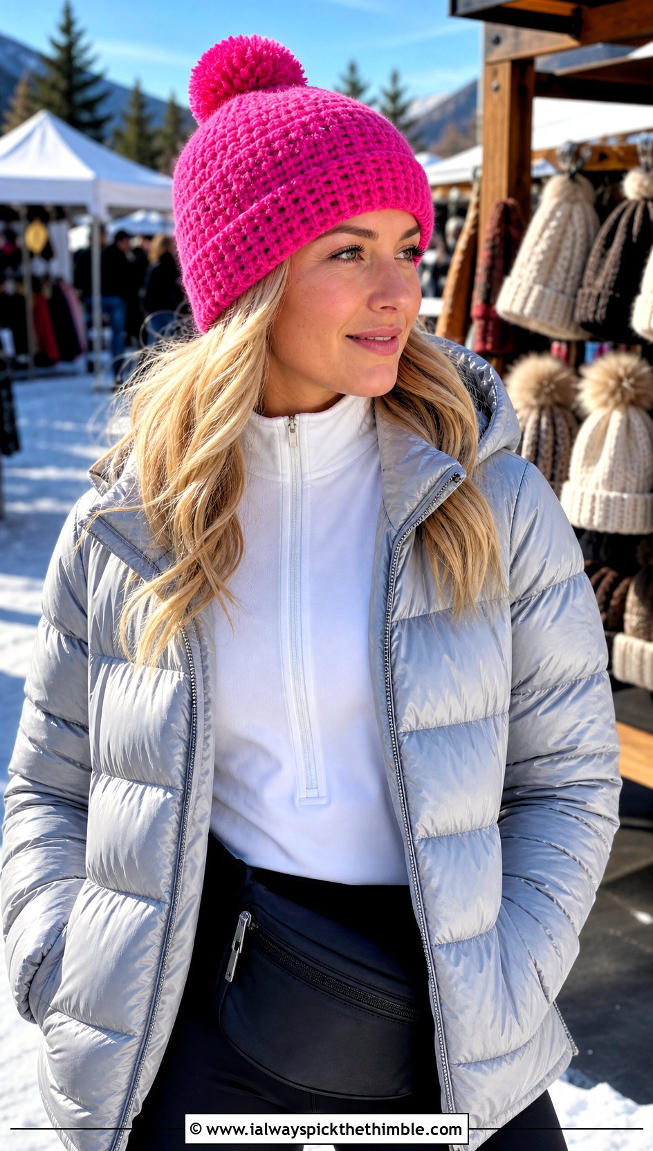 Pom Pom Short Row Crochet Hat With Puffer Jacket - 20 short row crochet hat outfit ideas