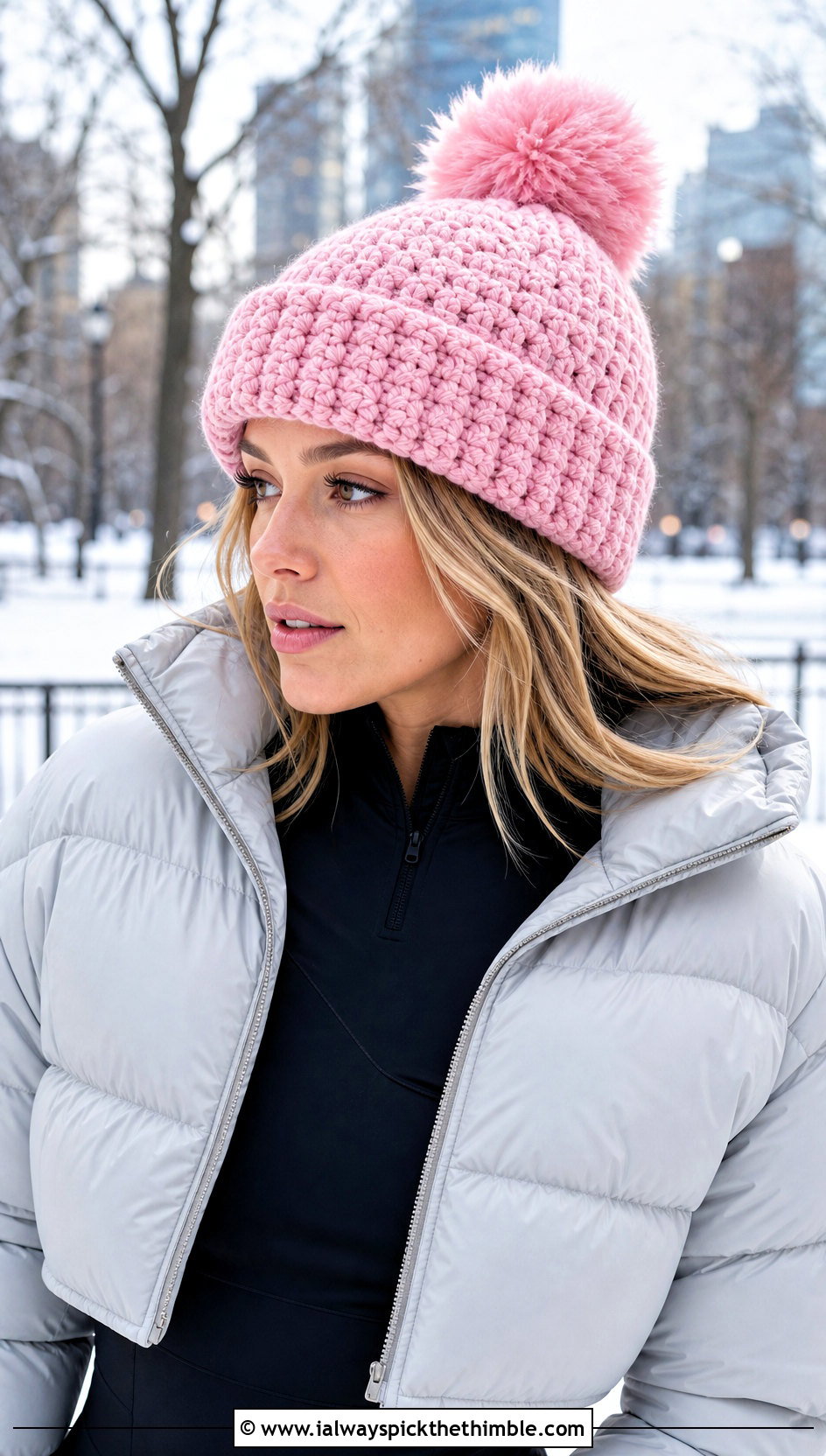 Pom Pom Single Crochet Beanie With Puffer And Leggings - 15 Sc Crochet Beanie outfit ideas