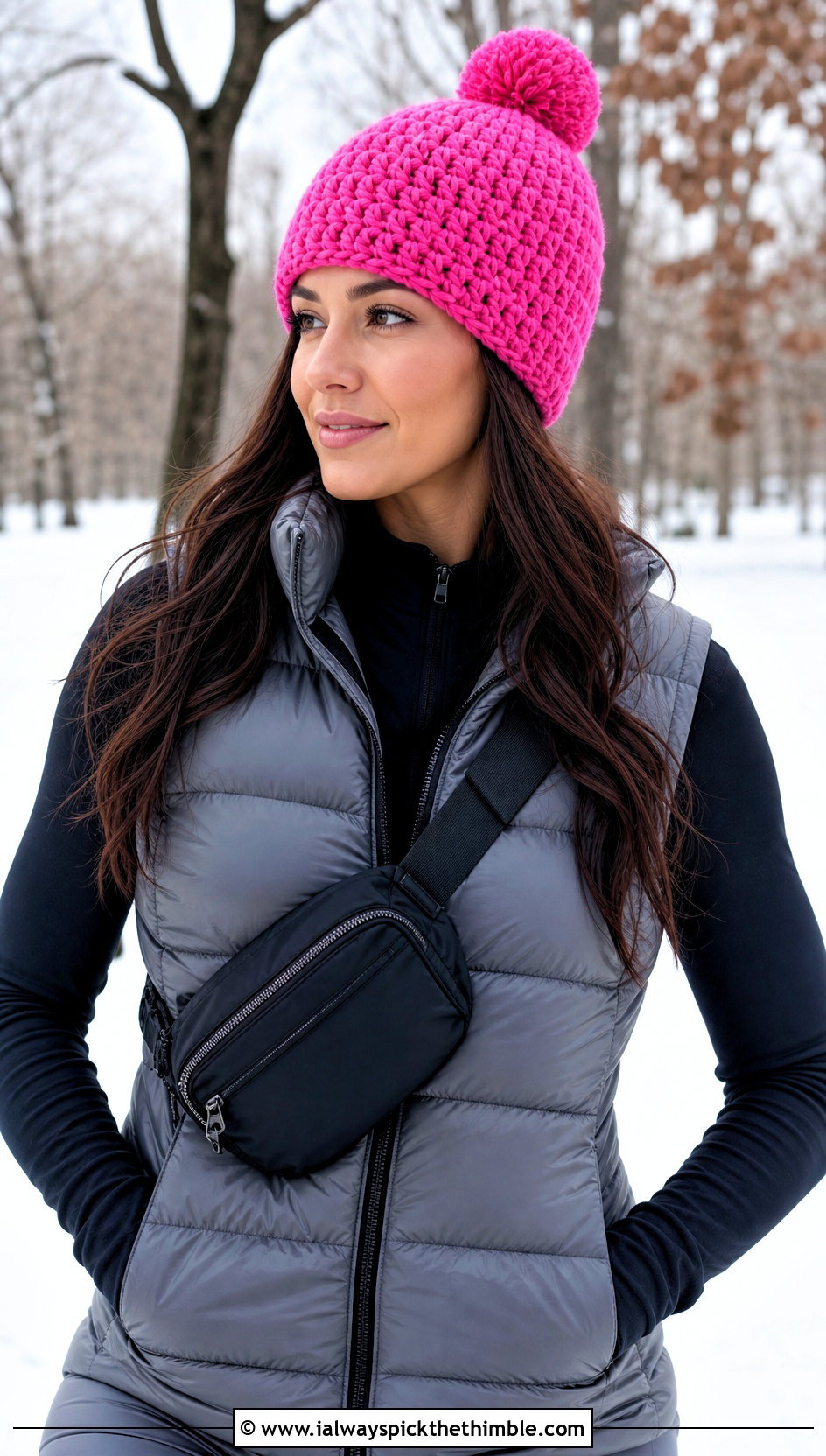 Pom Pom Single Crochet Beanie With Puffer Vest And Leggings - 25 single crochet beanie outfit ideas