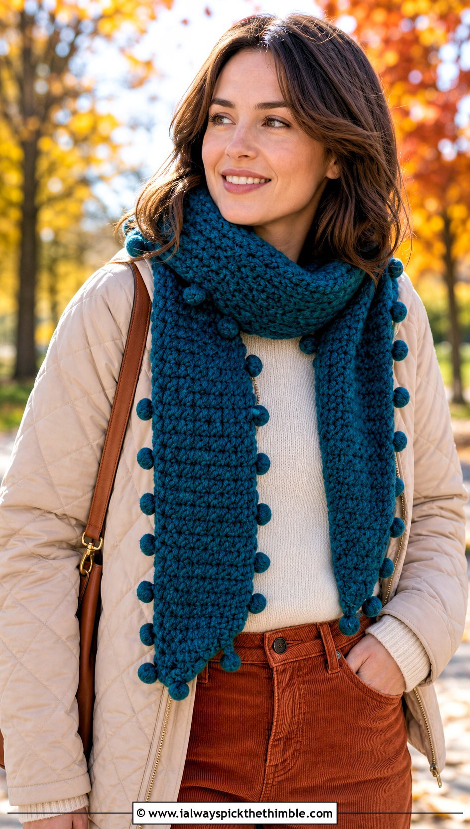 Pom Pom Single Crochet Scarf With Quilted Jacket - 20 Single Crochet Scarf outfit ideas
