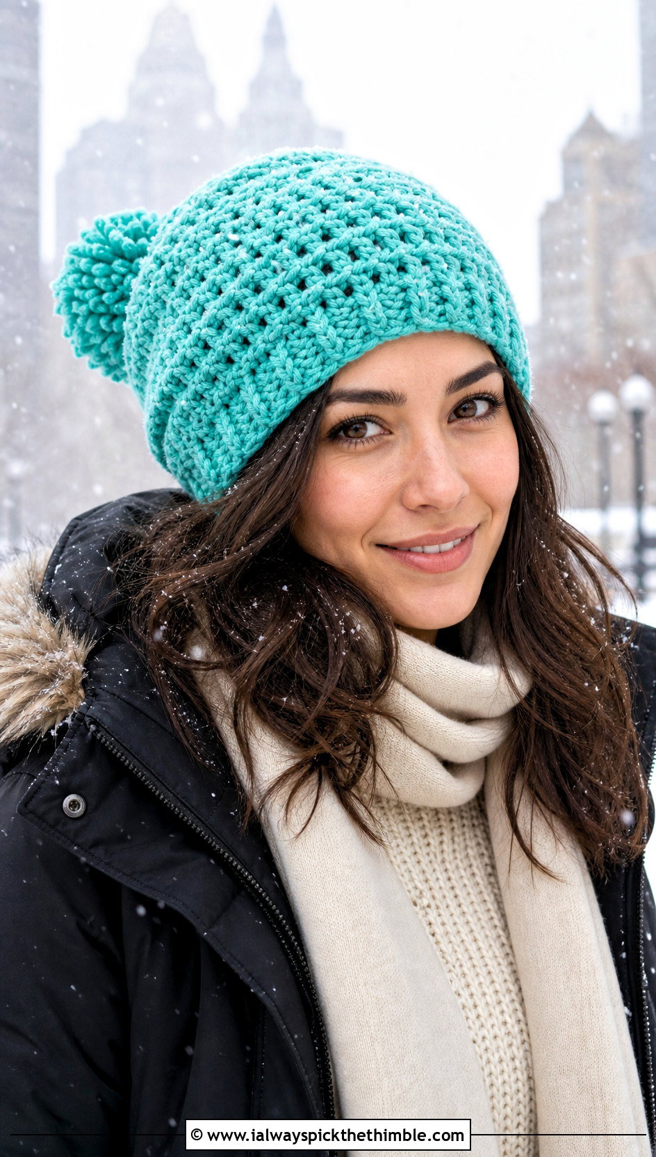 Pom Pom Slouchy Crochet Beanie With Parka - 25 slouchy crochet beanie outfit ideas