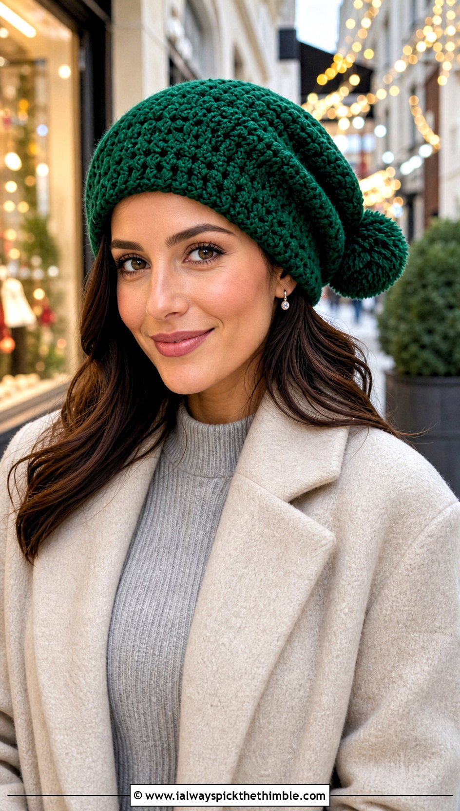 Pom Pom Slouchy Crochet Beanie With Sweater Dress - 20 Easy Slouchy Crochet Beanie outfit ideas