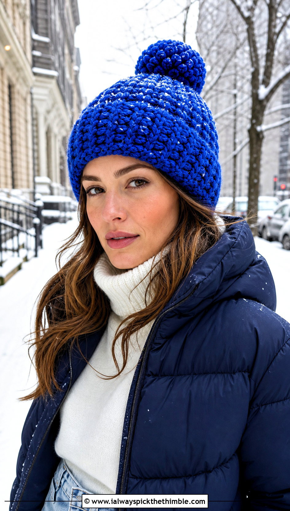 Pom Pom Snowy Puff Crochet Hat With Puffer Coat - 15 snowy puff crochet hat outfit ideas