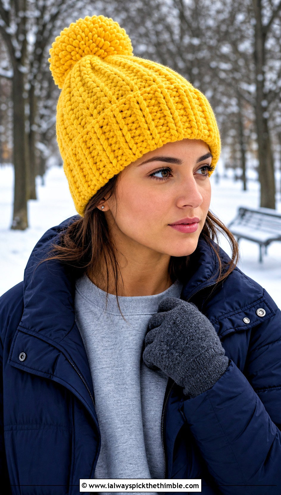 Pom Pom Softee Chunky Crochet Beanie With Puffer Jacket - 15 Softee Chunky Crochet Hat outfit ideas