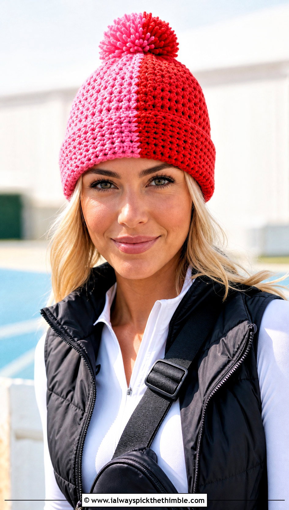 Pom Pom Split Color Crochet Beanie With Puffer Vest - 15 Split Color Crochet Beanie outfit ideas