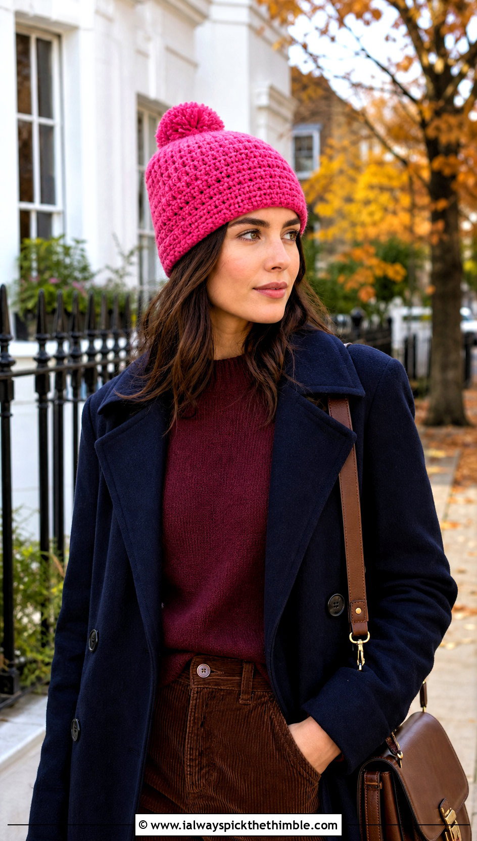 Pom Pom Square Crochet Beanie With Peacoat And Corduroy Pants - 20 square crochet beanie outfit ideas