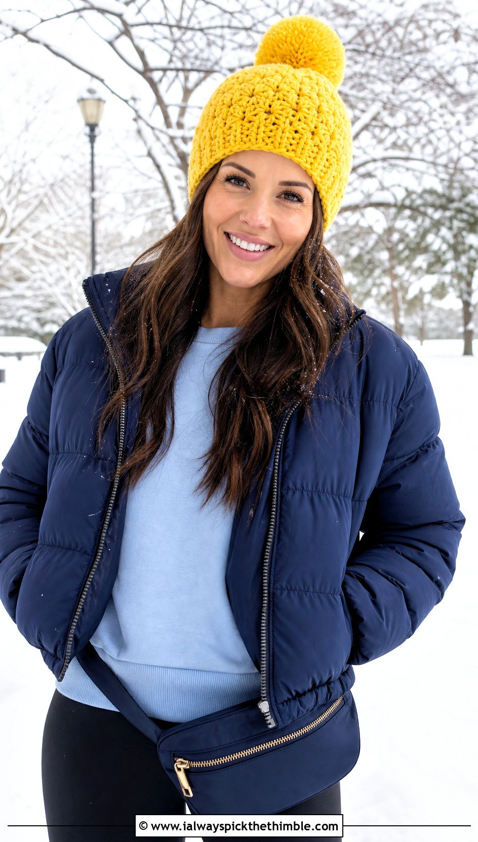 Pom Pom Star Stitch Crochet Beanie With Puffer Jacket - 20 Star Stitch Crochet Beanie outfit ideas