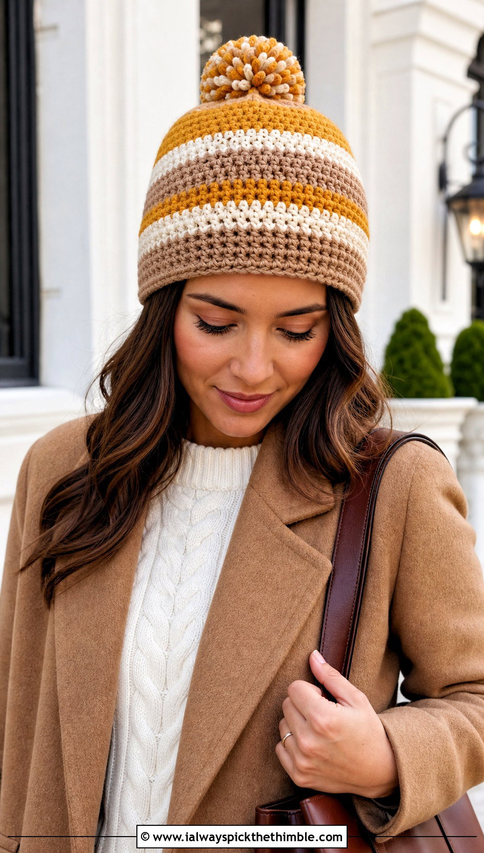 Pom Pom Stripe Crochet Hat With Camel Coat - 15 crochet hats stripes outfit ideas