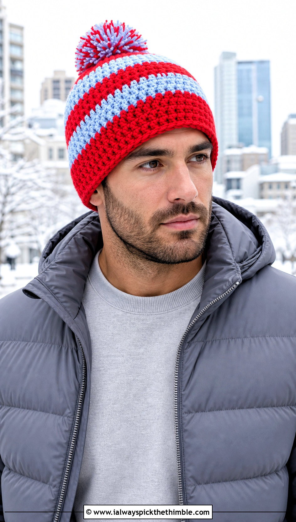Pom Pom Striped Crochet Beanie With Puffer Jacket - 15 mens striped crochet beanie outfit ideas