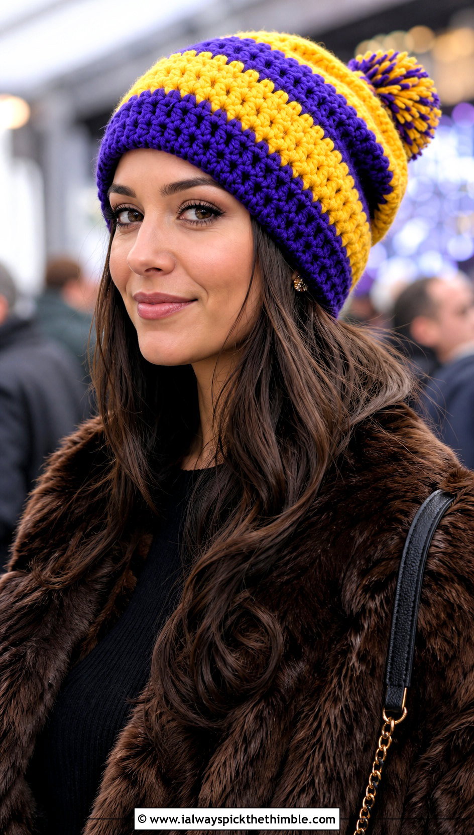 Pom Pom Striped Slouchy Crochet Beanie With Faux Fur Coat - 15 Striped Slouchy Crochet Beanie outfit ideas