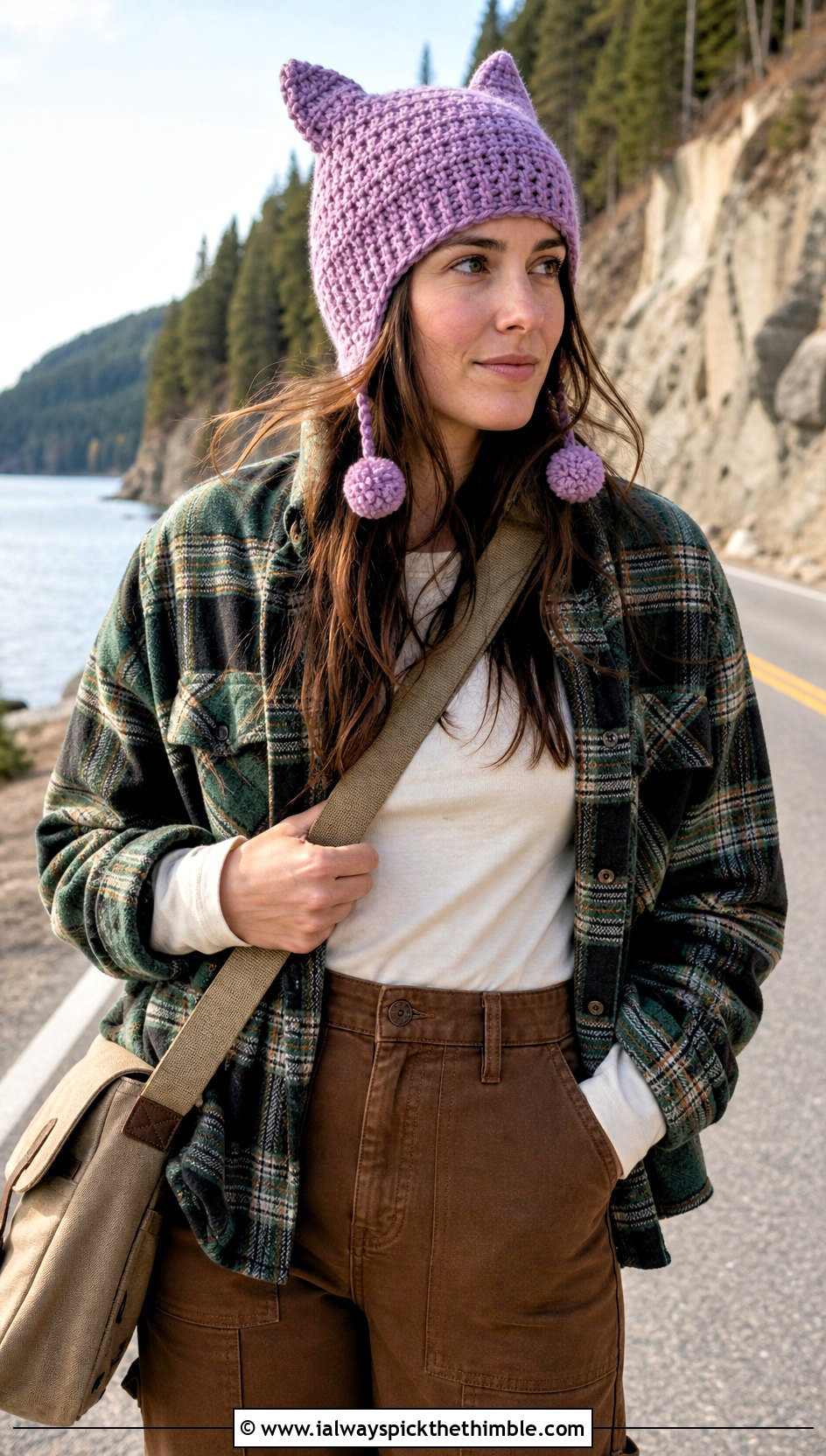 Pom Pom Tie Finn Hat With Plaid Shacket And Carpenter Pants - 25 crochet finn hat outfit ideas