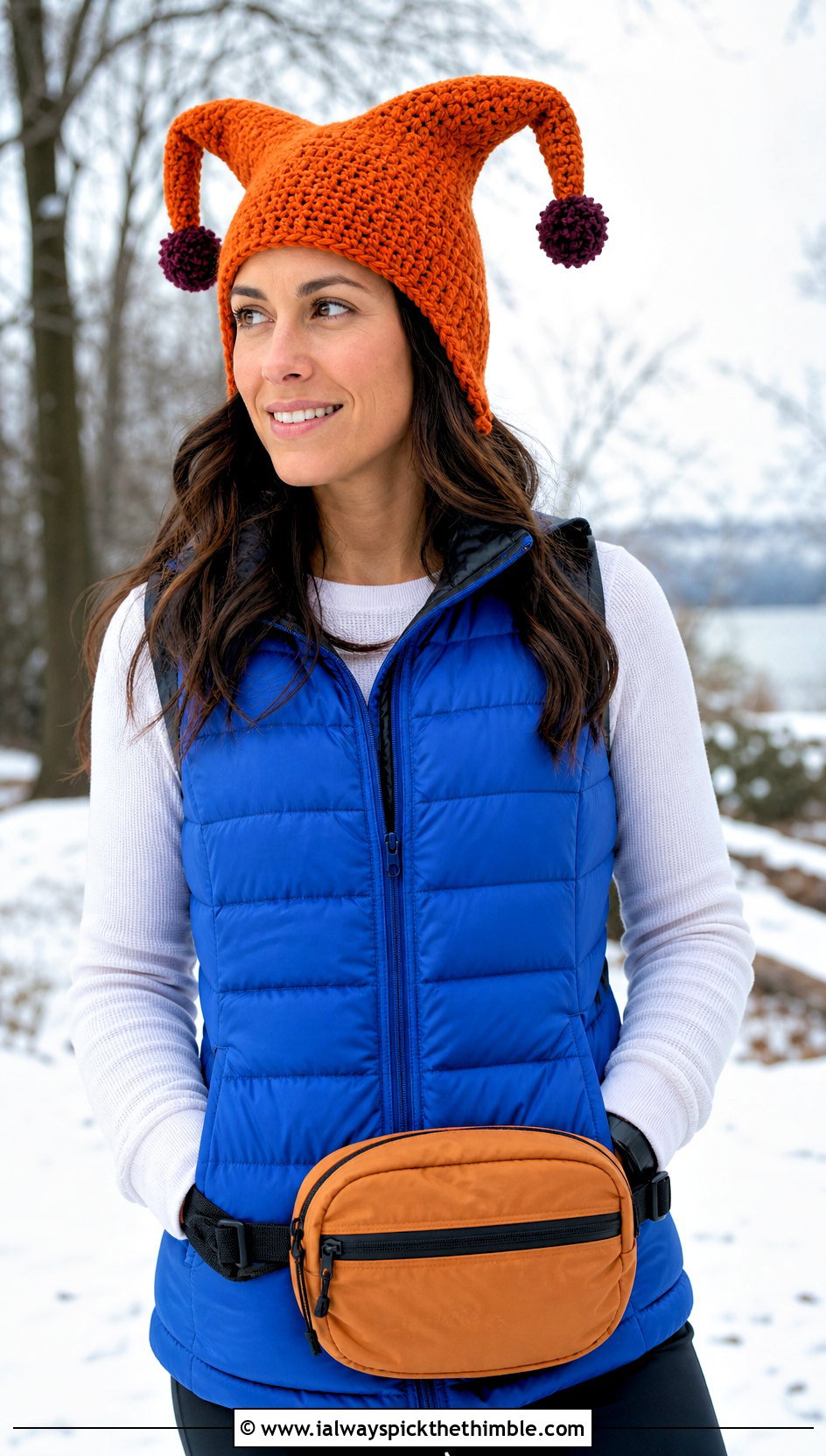 Pom Pom Tip Crochet Jester Hat With Puffer Vest - 25 crochet jester hat outfit ideas