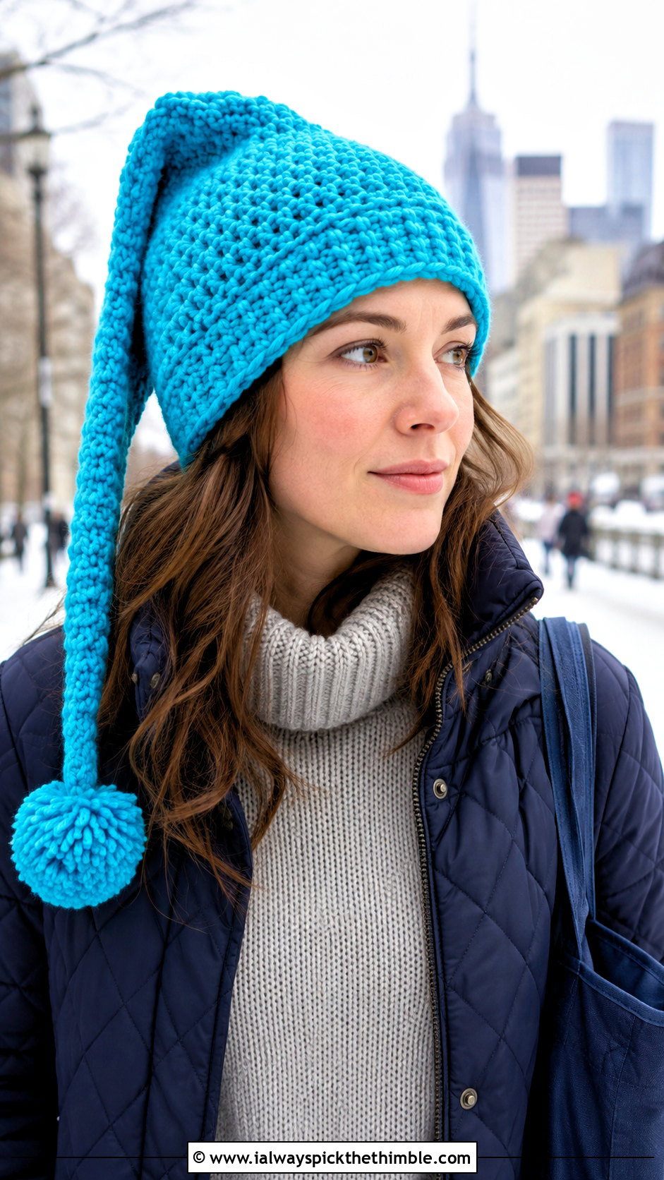 Pom Pom Tip Crochet Link Hat With Quilted Coat - 20 crochet link hat outfit ideas