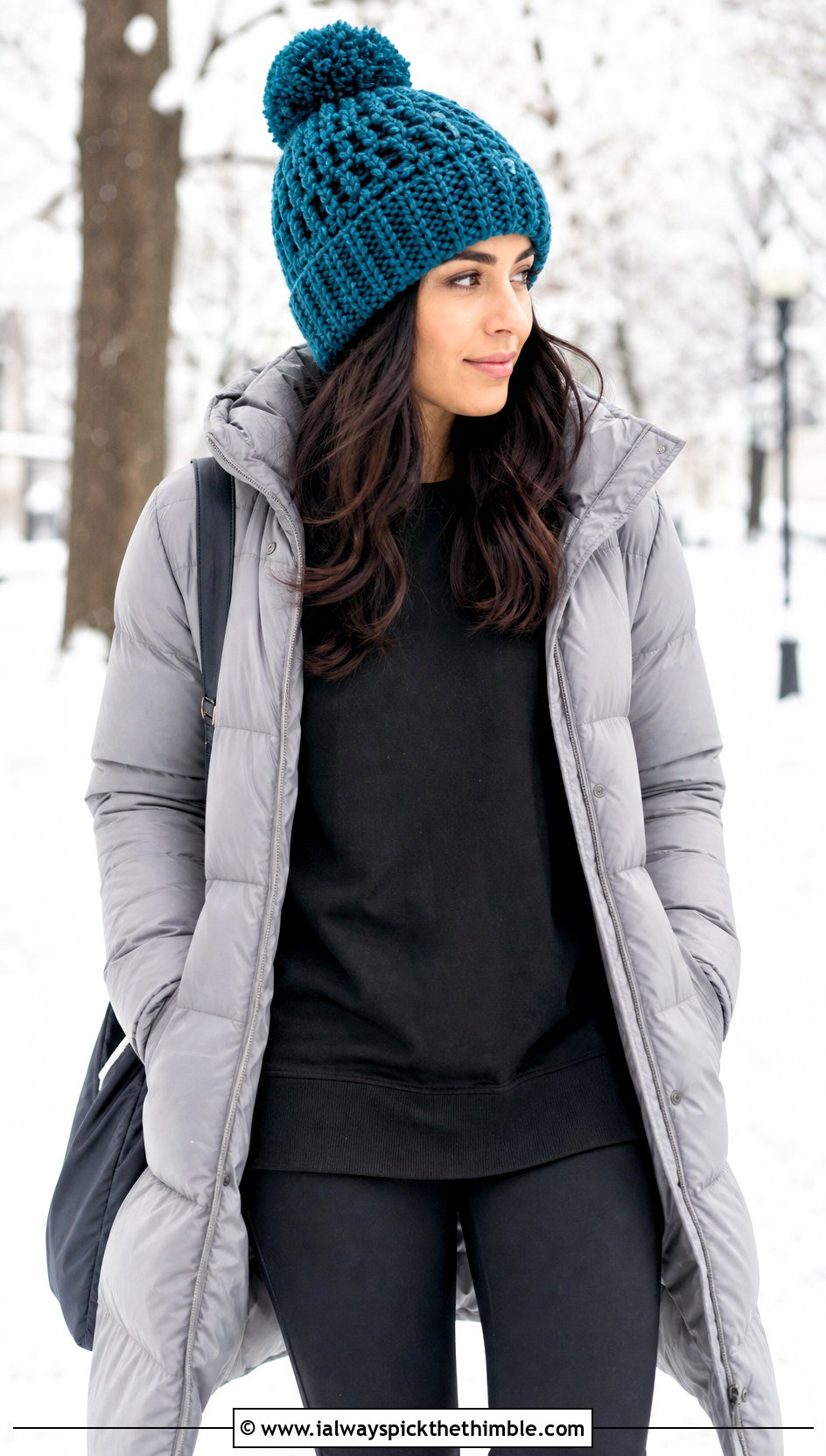 Pom Pom Top Down Crochet Beanie With Puffer Coat And Leggings - 25 top down crochet beanie outfit ideas