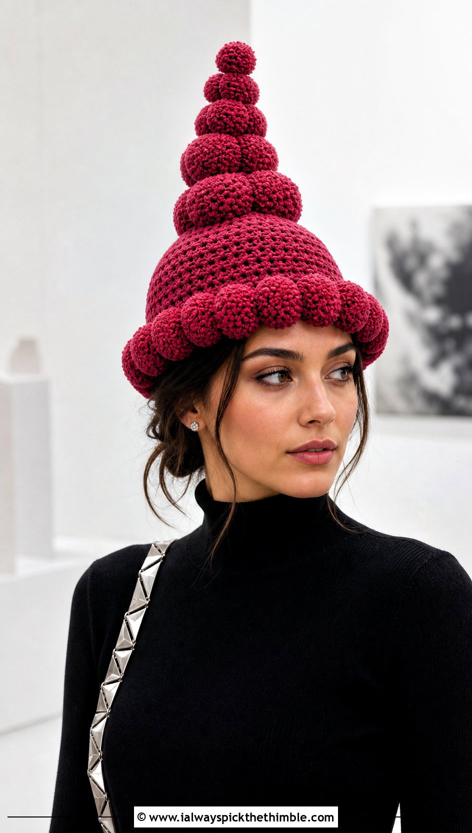 Pom Pom Tower Crochet Hat With Monochrome Outfit - 20 Weird Crochet Hat outfit ideas