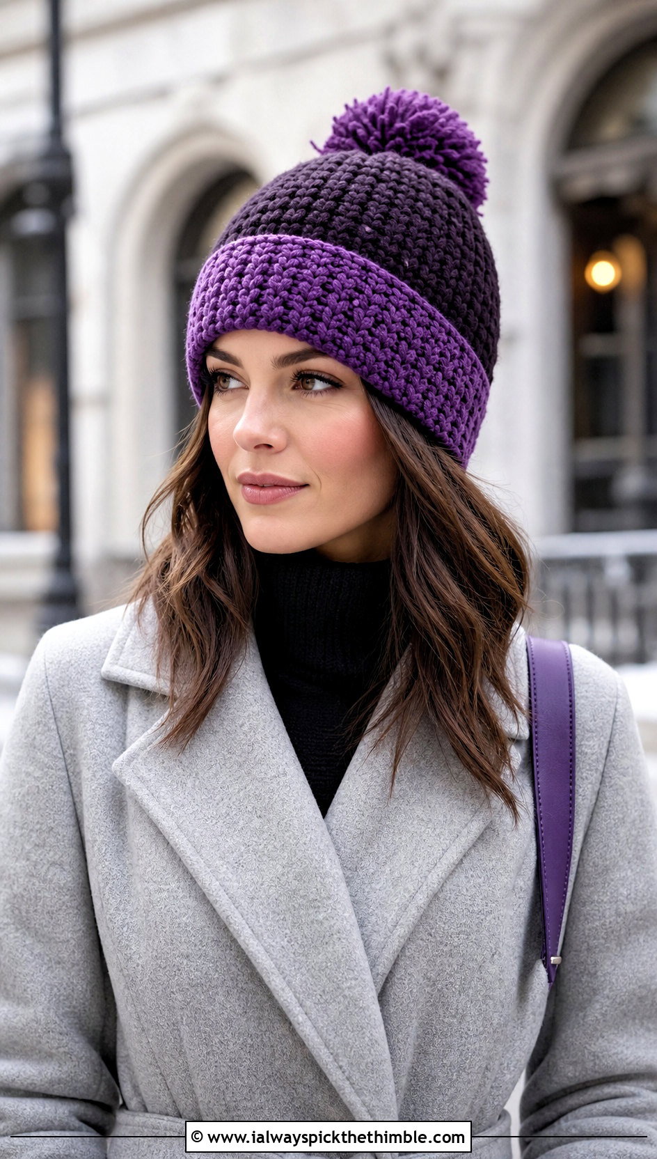 Pom Pom Two Tone Crochet Beanie With Wool Coat - 15 two tone crochet beanie outfit ideas
