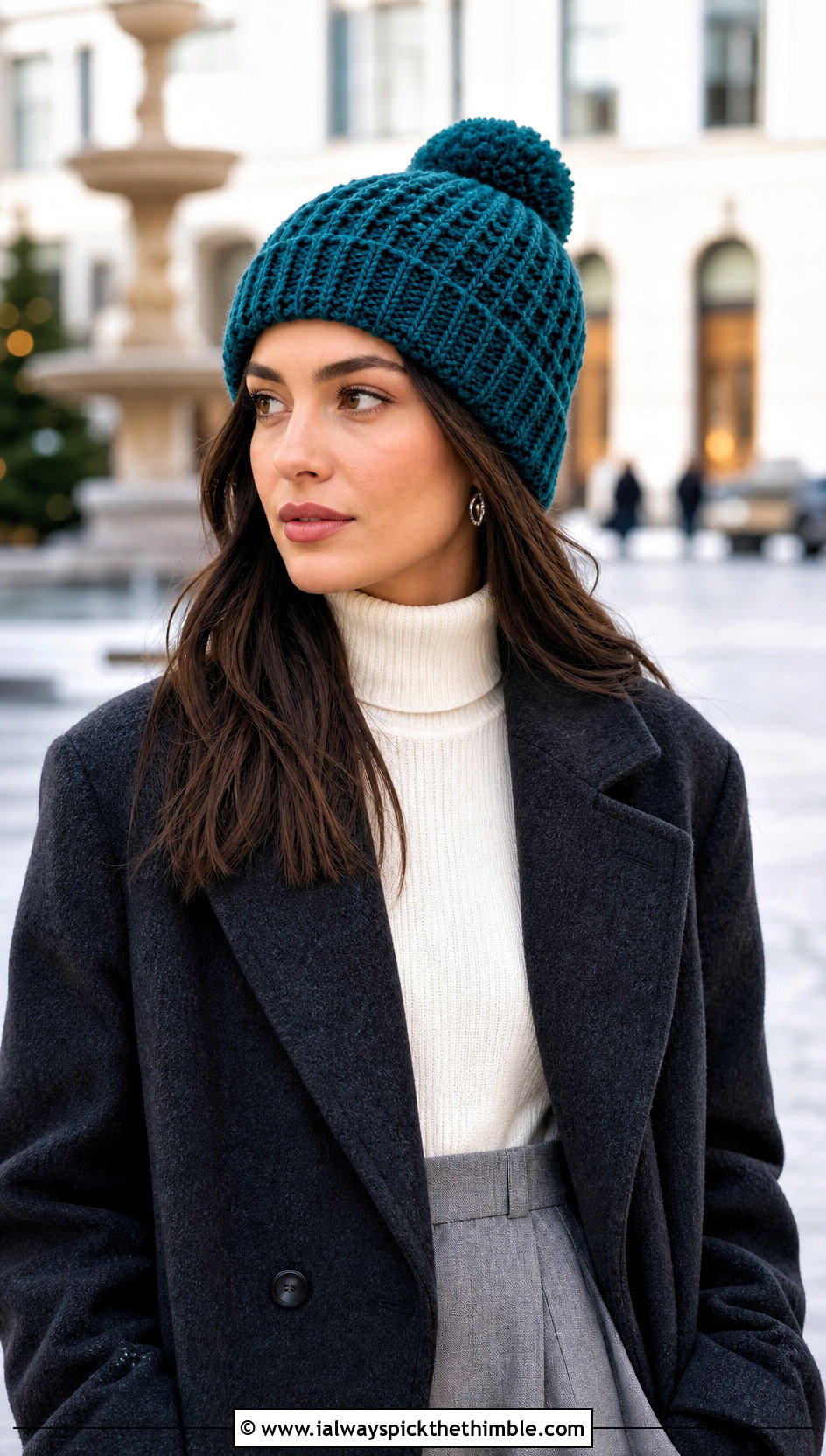 Pom Pom Waffle Crochet Beanie With Wool Coat And Wide Leg Trousers - 20 waffle crochet beanie outfit ideas