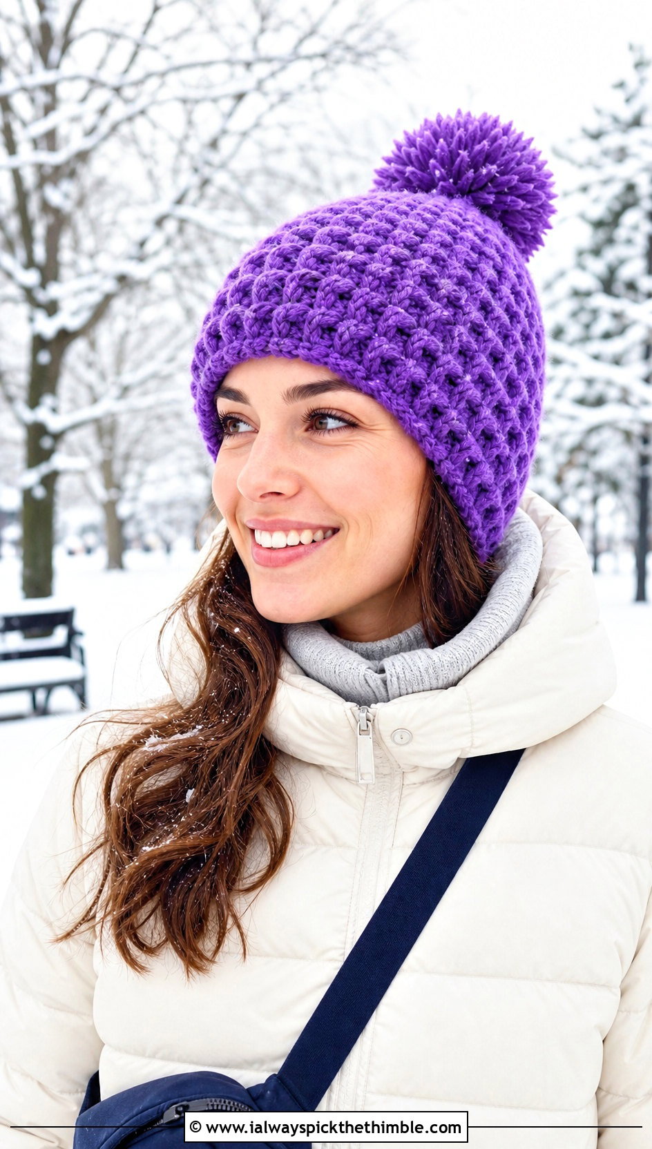 Pom Pom Waffle Crochet Hat With Puffer Jacket - 20 Waffle Crochet Hat outfit ideas