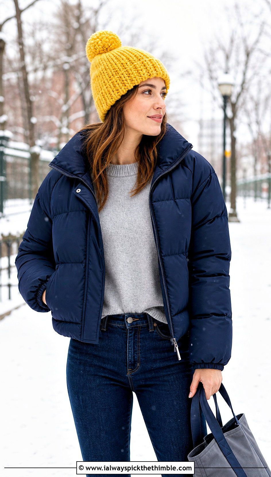 Pom Pom Wool Ease Crochet Beanie With Puffer Coat - 20 Wool Ease Crochet Hat outfit ideas