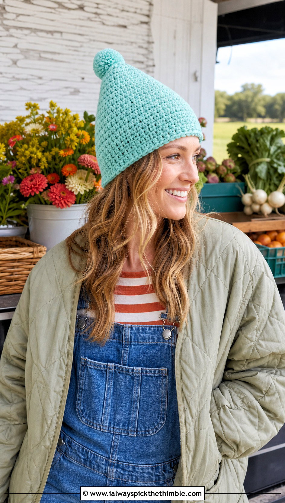 Pom Tip Cone Crochet Hat With Quilted Jacket And Overalls - 20 pointy crochet hat outfit ideas