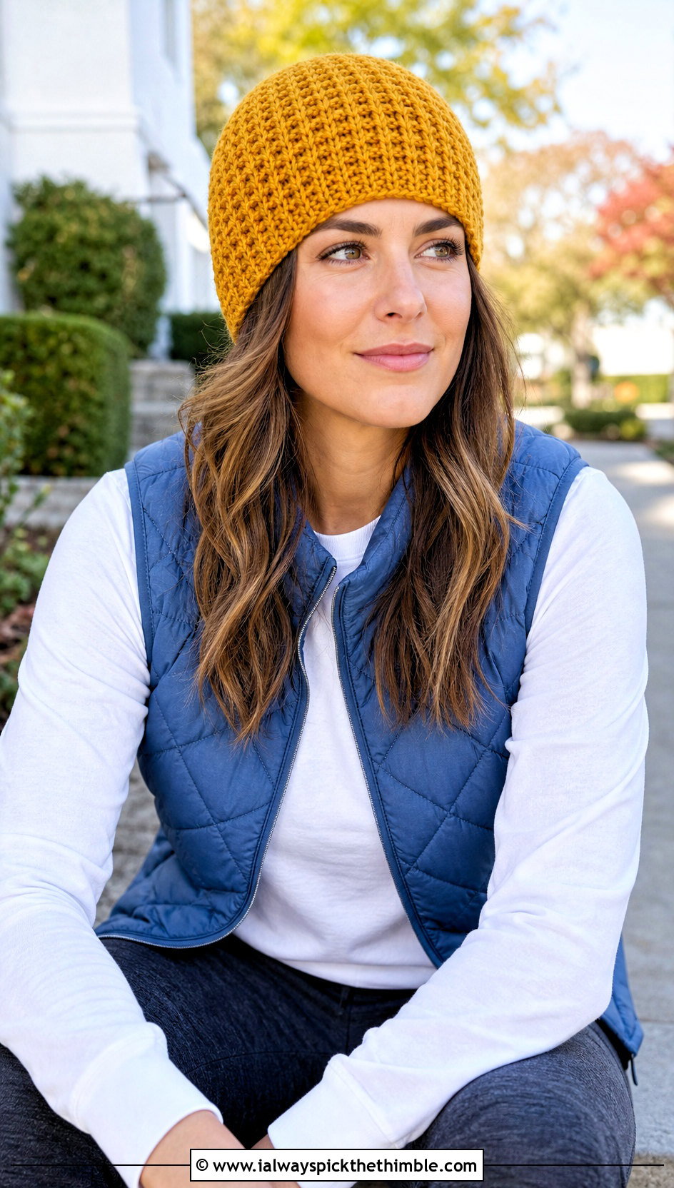 Pomless Waffle Crochet Beanie With Quilted Vest And Joggers - 20 waffle crochet beanie outfit ideas