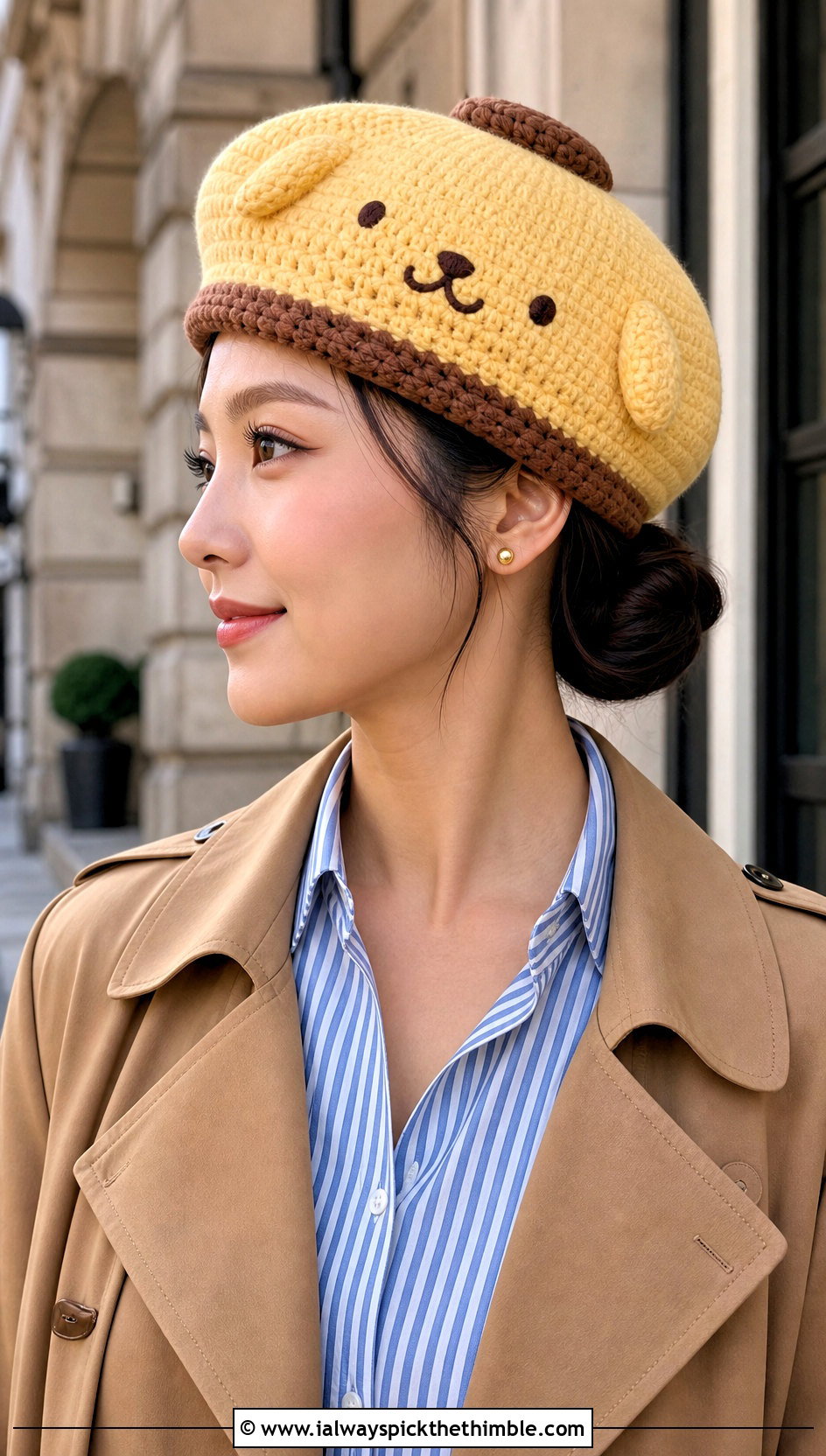 Pompompurin Beret Crochet Beanie With Trench Coat - 20 sanrio crochet beanie outfit ideas