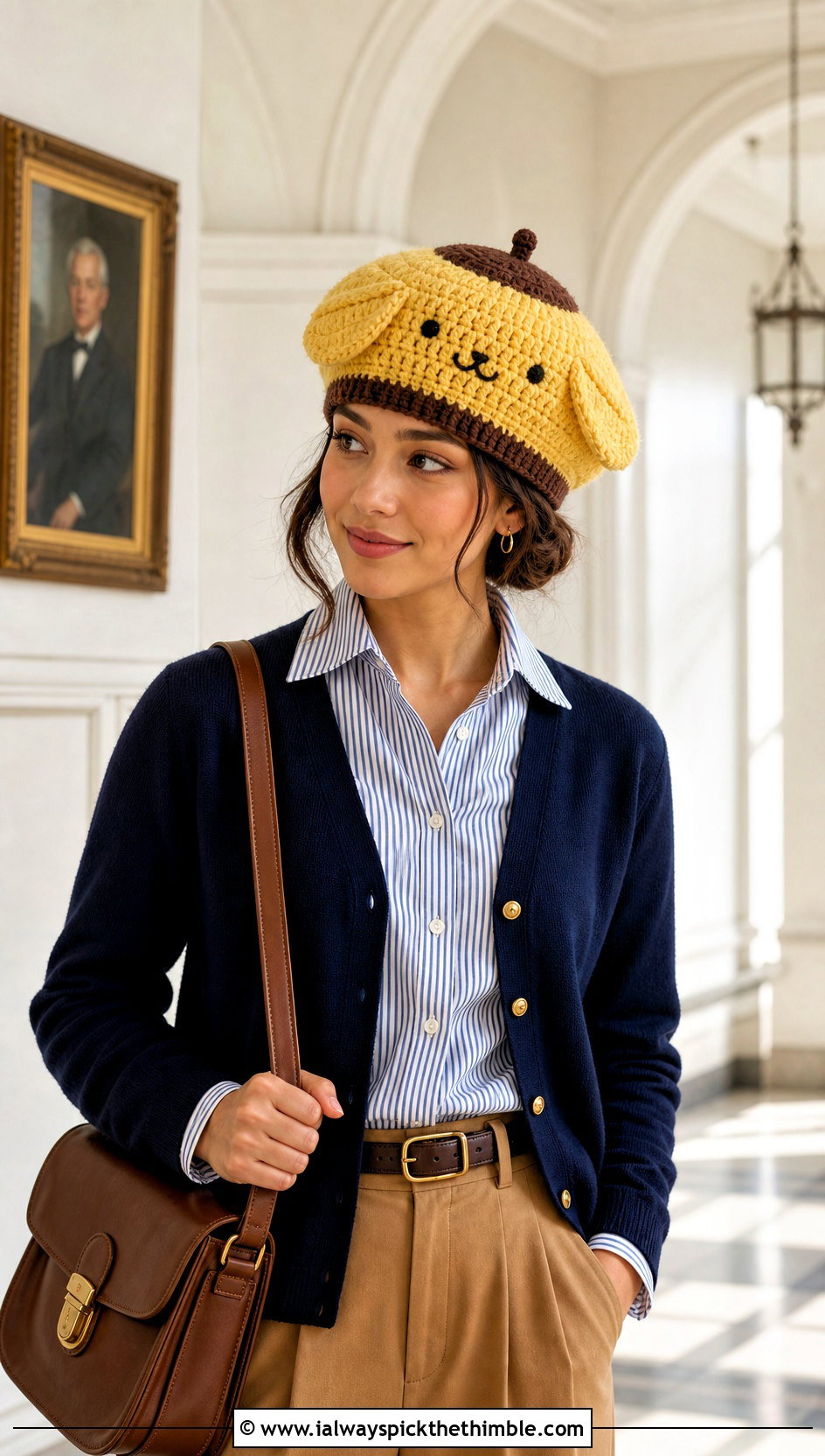 Pompompurin Crochet Beret With Pleated Trousers - 20 sanrio crochet hat outfit ideas