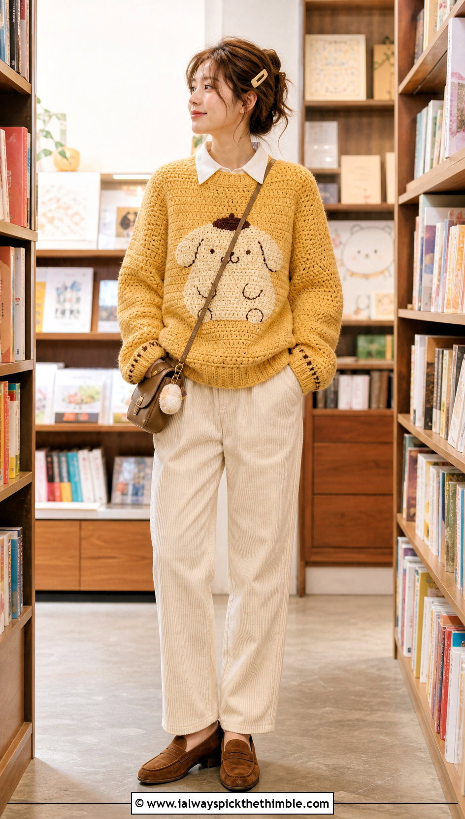 Pompompurin Crochet Pullover With Corduroy Pants - 20 Sanrio Crochet Clothes and outfit ideas