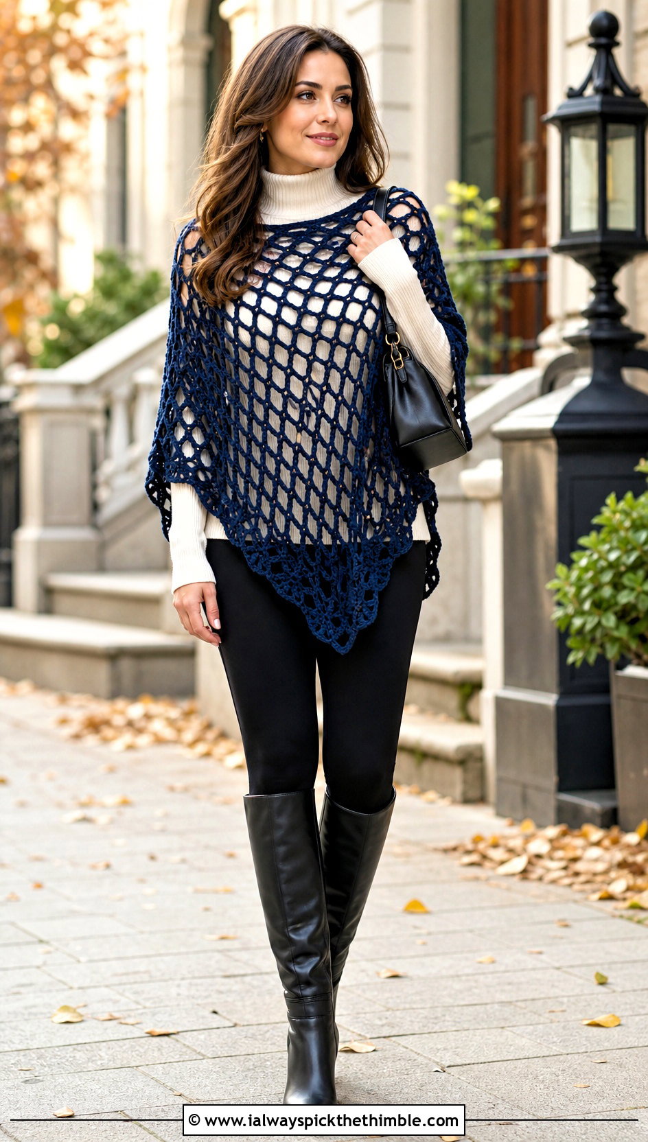 Poncho Cobweb Top With Leggings And Tall Boots - 20 Crochet Cobweb Top outfit ideas