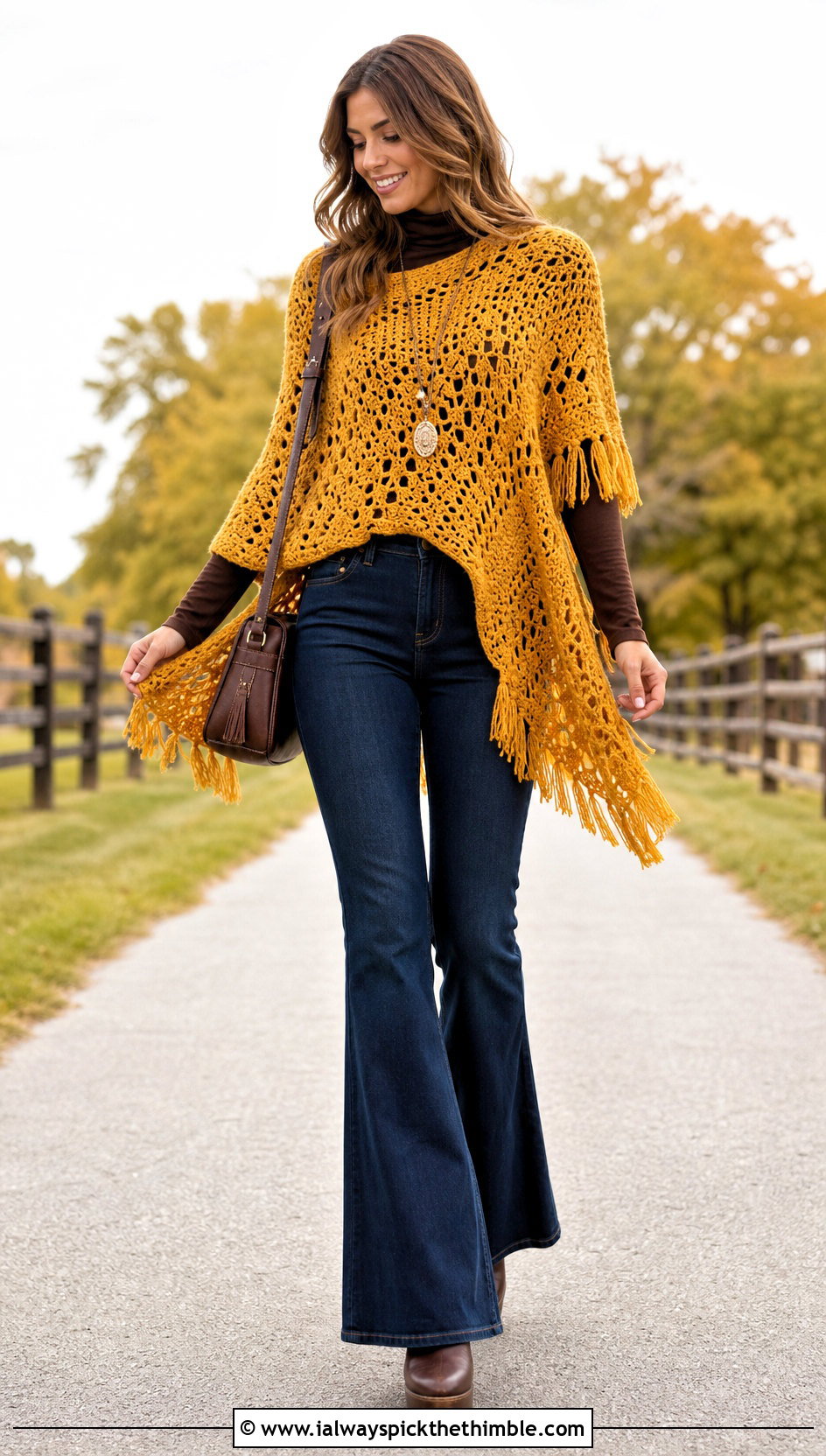 Poncho Crochet Boho Sweater With Flared Jeans - 20 crochet boho sweater outfit ideas
