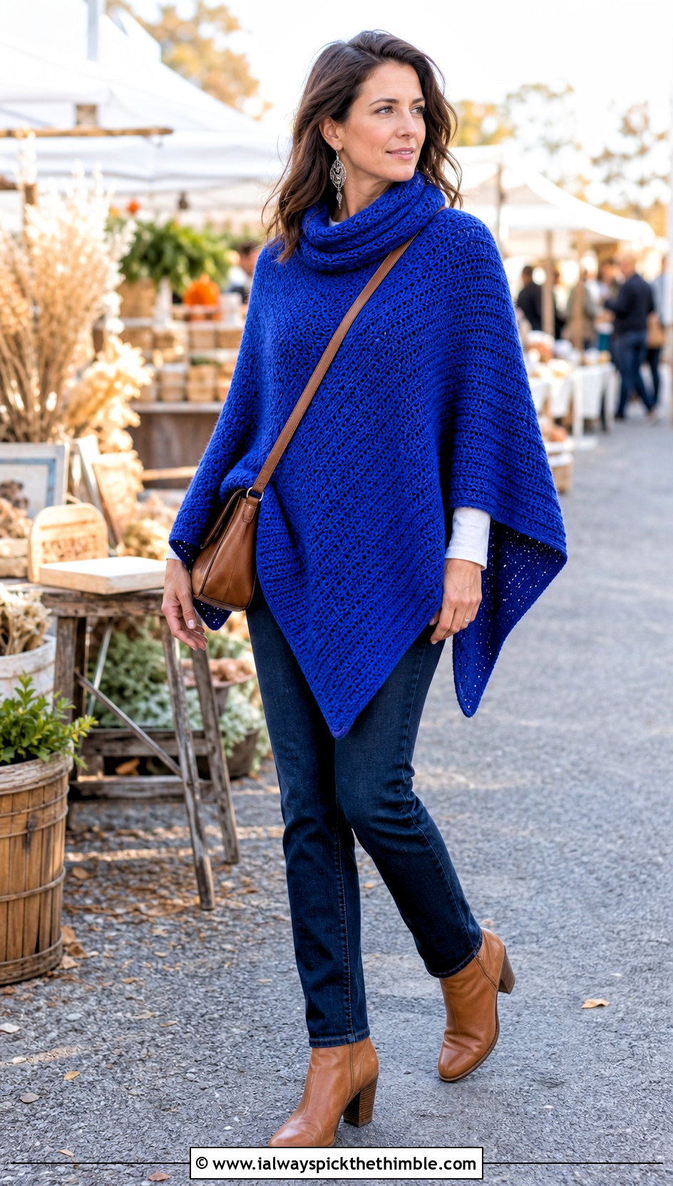 Poncho Crochet Cowl Neck Sweater With Straight Jeans - 20 Crochet Cowl Neck Sweater outfit ideas